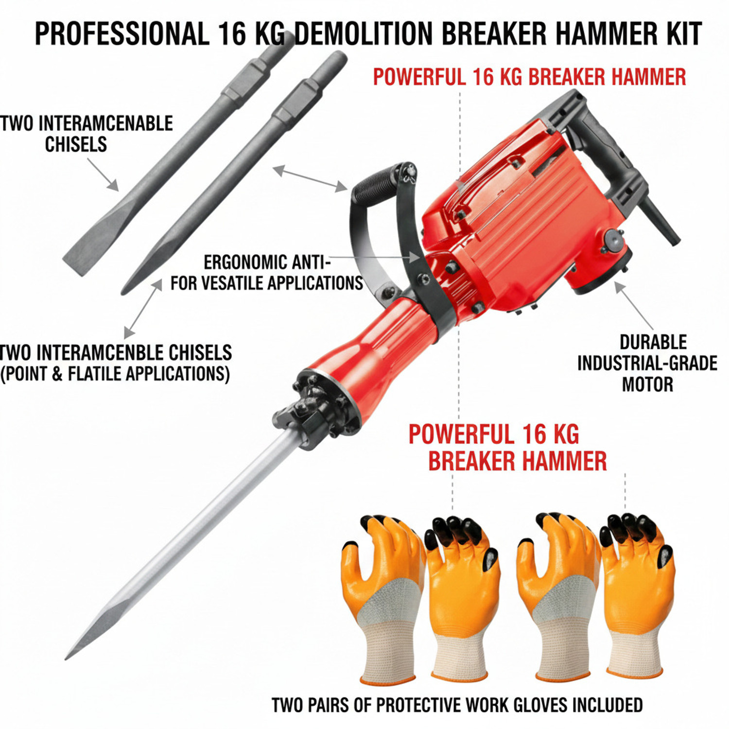 Image of RanPra RP-365 16 KG DEMOKITION /BREAKER MACHINE HEAVY DUTY Hammer Drill