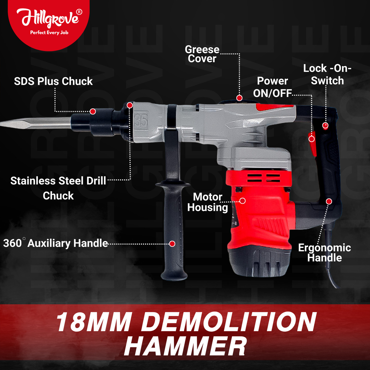 Image of Hillgrove HGCM1398M1 2000W 100% Copper Winding 7Kg Concrete Demolition Hammer Chipping HGCM1398M1 Hammering Drilling Breaker Drill Machine 7Kg Kit Set Rotary Hammer Drill
