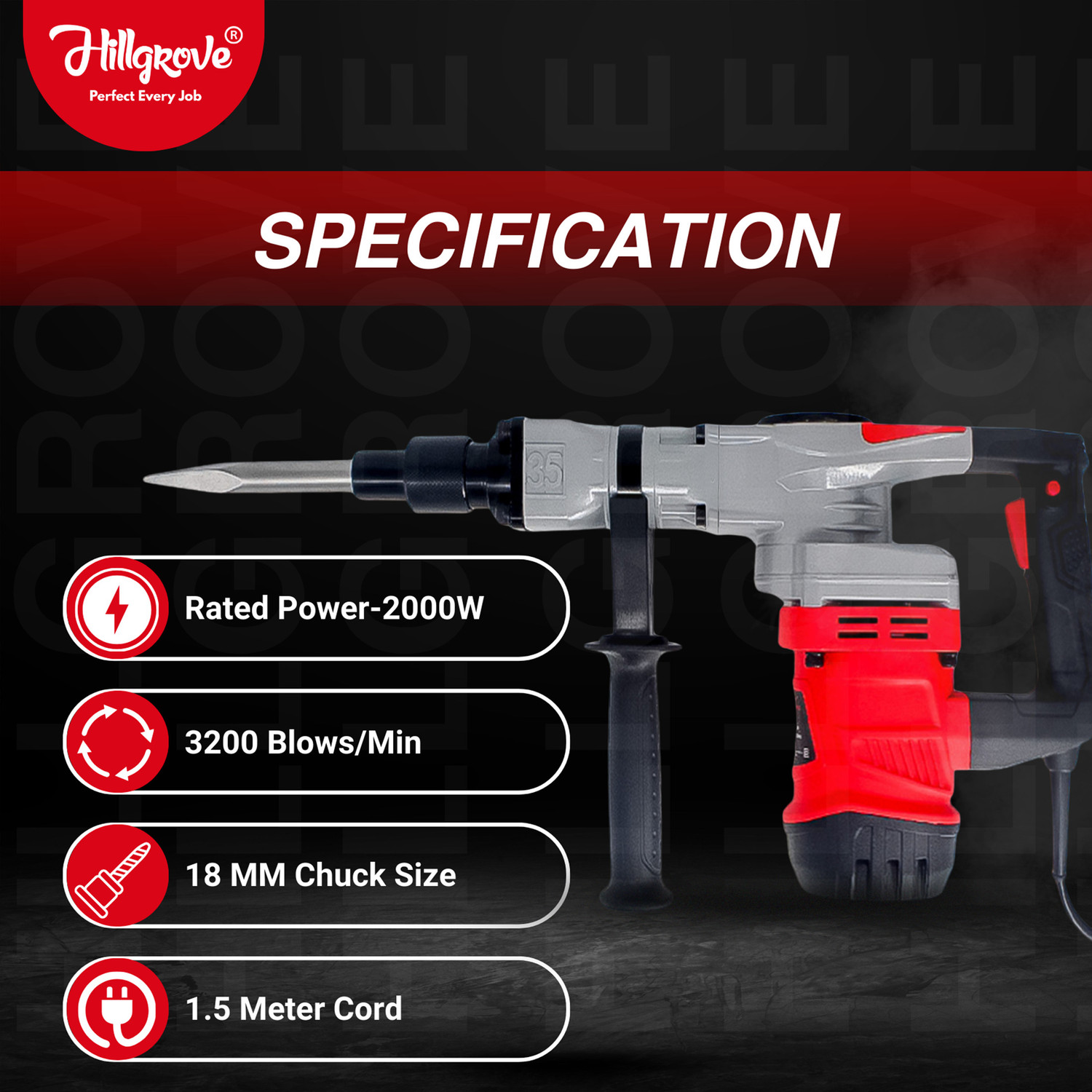 Image of Hillgrove HGCM1398M1 2000W 100% Copper Winding 7Kg Concrete Demolition Hammer Chipping HGCM1398M1 Hammering Drilling Breaker Drill Machine 7Kg Kit Set Rotary Hammer Drill