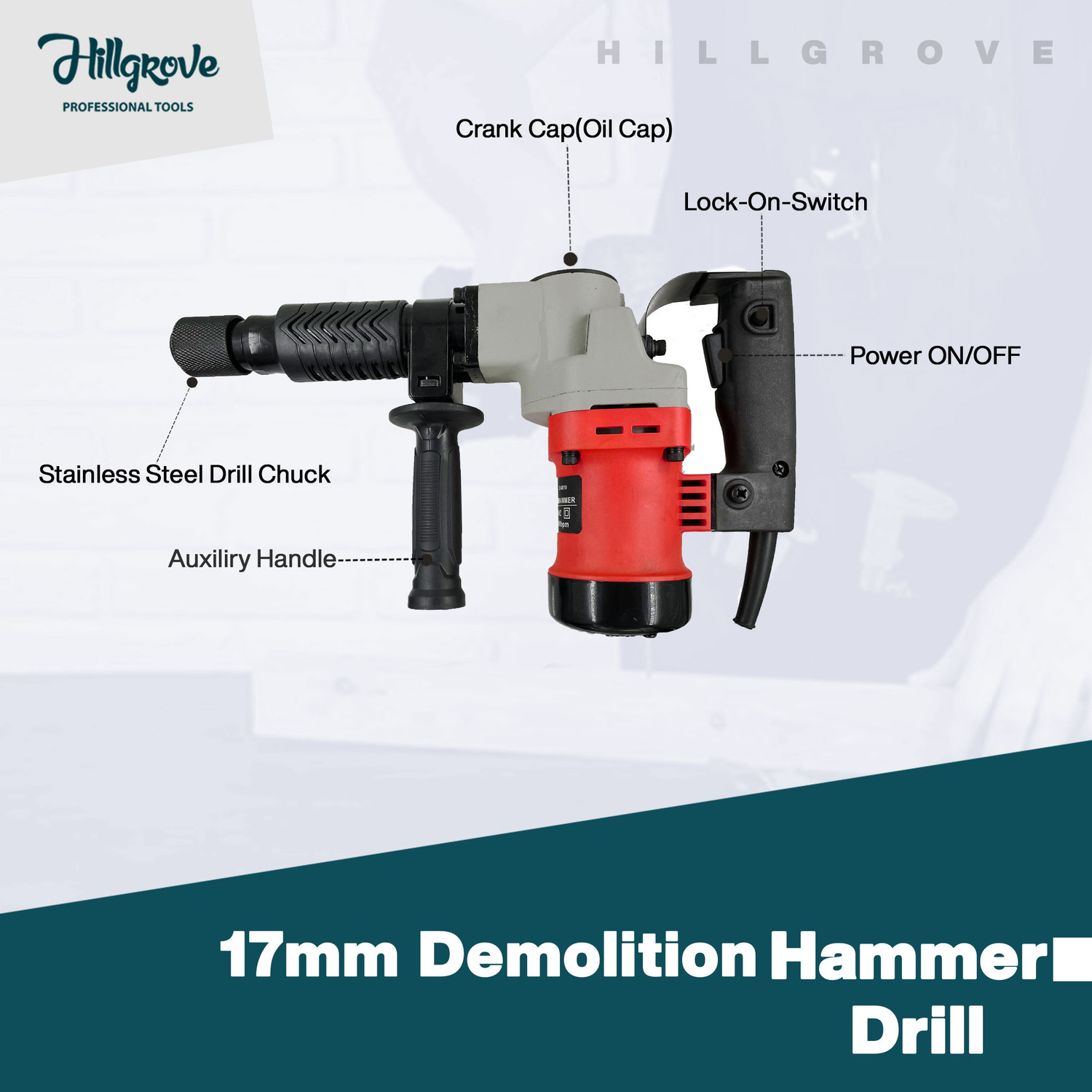 Image of Hillgrove 100% Copper Winding HGCM536M7 17mm Demolition Breaker Drill Machine with 2 100% Copper Winding HGCM536M7 17mm Demolition Breaker Drill Machine with 2 Pistol Grip Drill