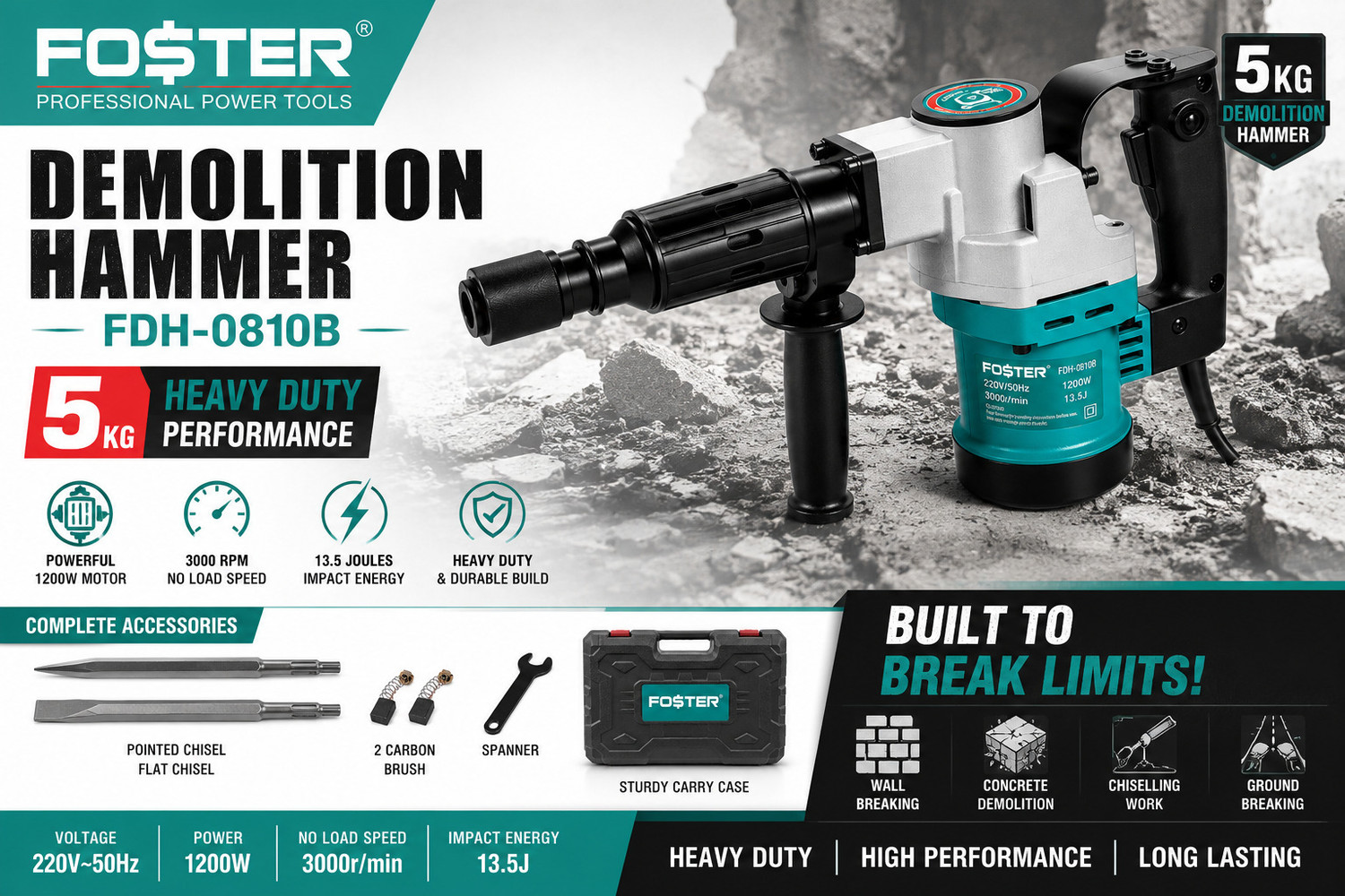 Image of FOSTER FDH-0810B | Heavy Duty, Full Copper Armature | 5 Kg Demolition Hammer 1200W, 13.5J | Breaker Machine | Heavy Duty Hammer Drill