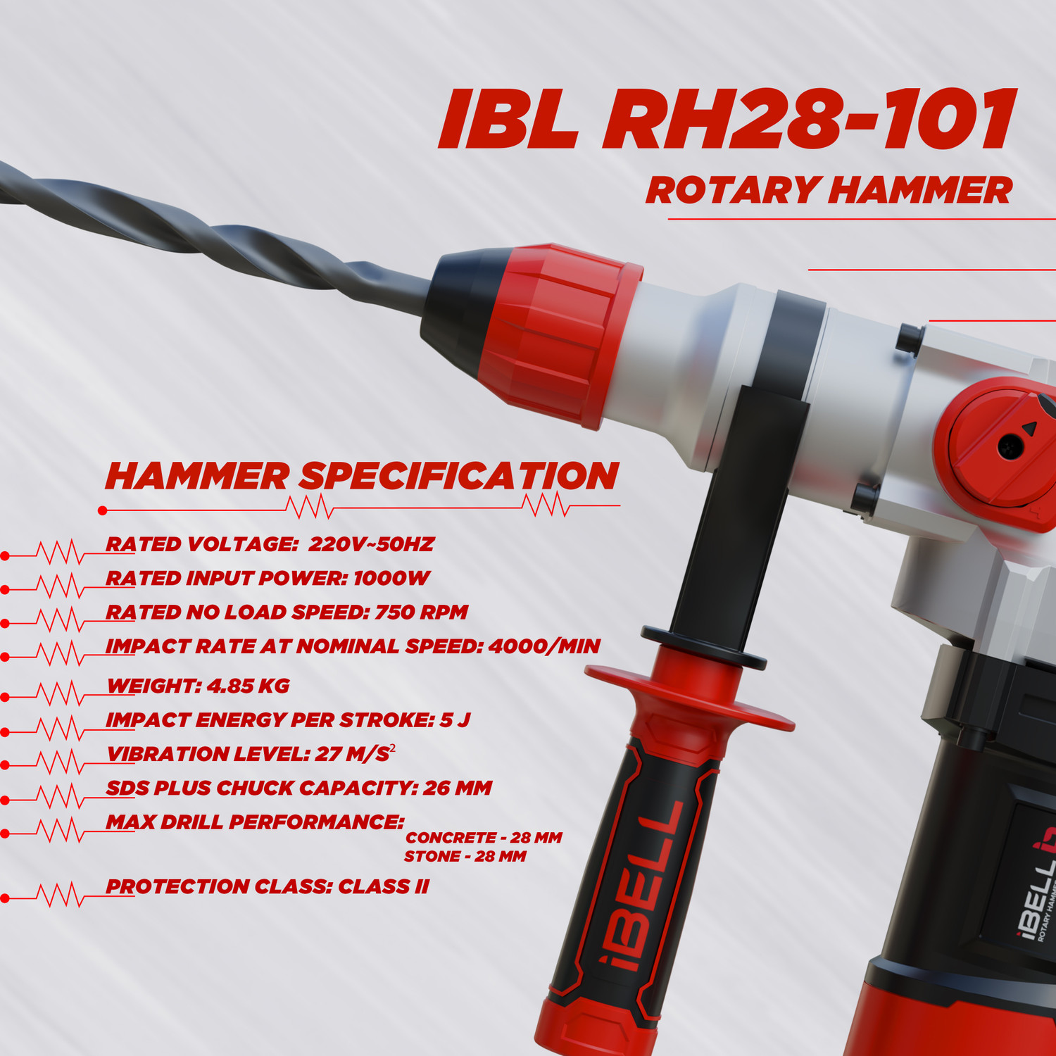 Image of iBELL Rotary Hammer, 750RPM, SDS Plus Chuck 26mm, Energy 5J, Impact Rate 4000 /min RH28-101 Rotary Hammer Drill