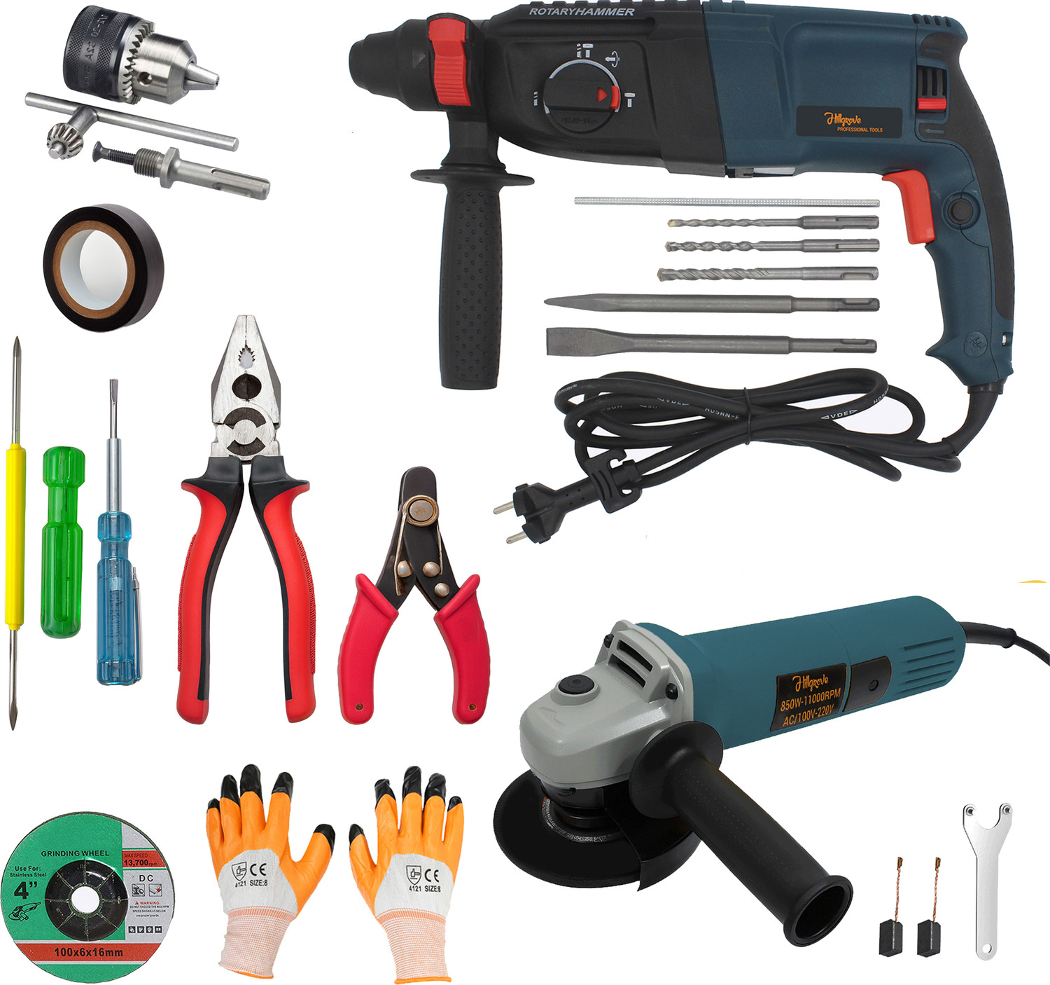Image of Hillgrove HGCM1396M1 1200W 100% Copper Winding 26mm Rotary Hammer Impact Gun Chipping HGCM1396M1 Hammering Drilling Breaker Drill Machine Kit Set with Angle Grinder Rotary Hammer Drill
