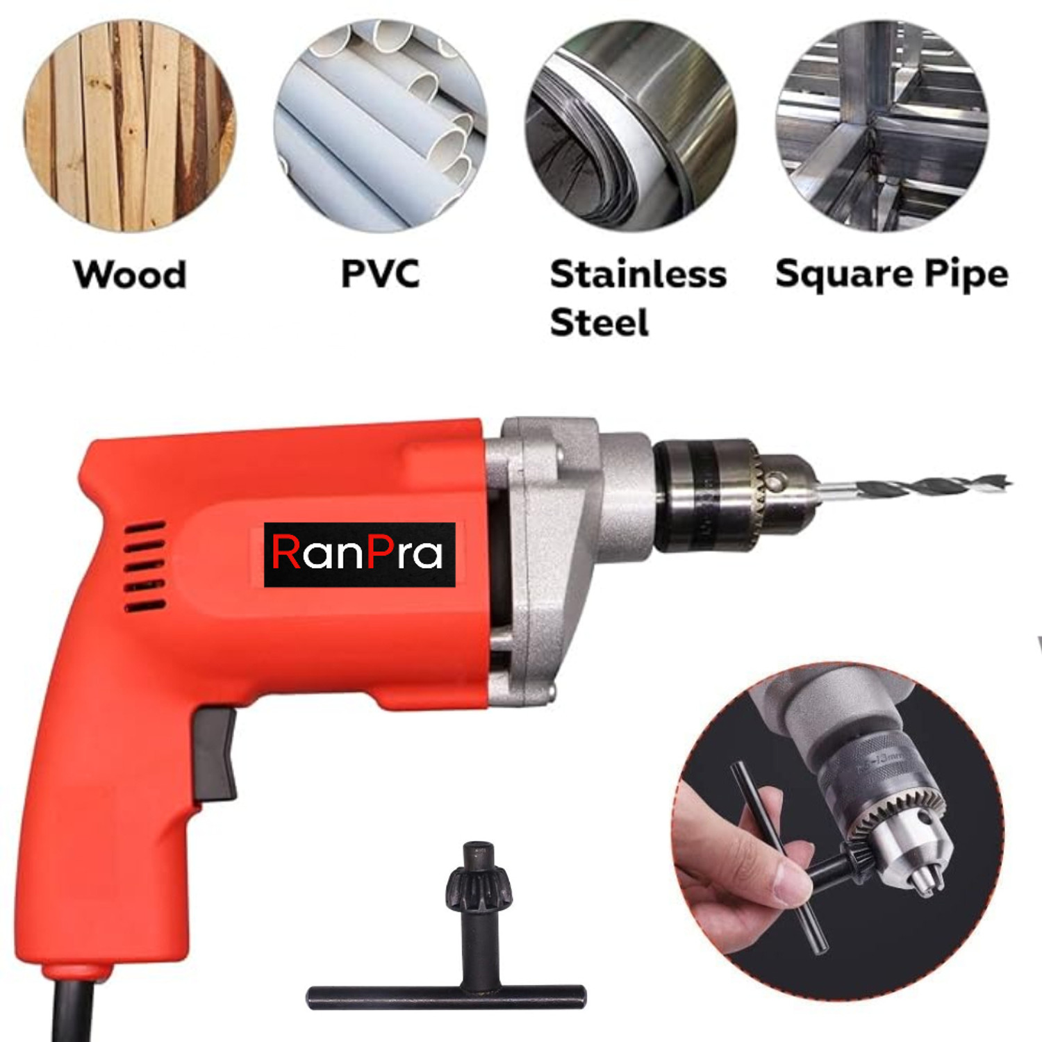 Image of RanPra 100% COPPER ARMATURE 10 MM DRILL MACHINE | 5PCS DRILL BIT SET| SAFETY GLOVES Pistol Grip Drill