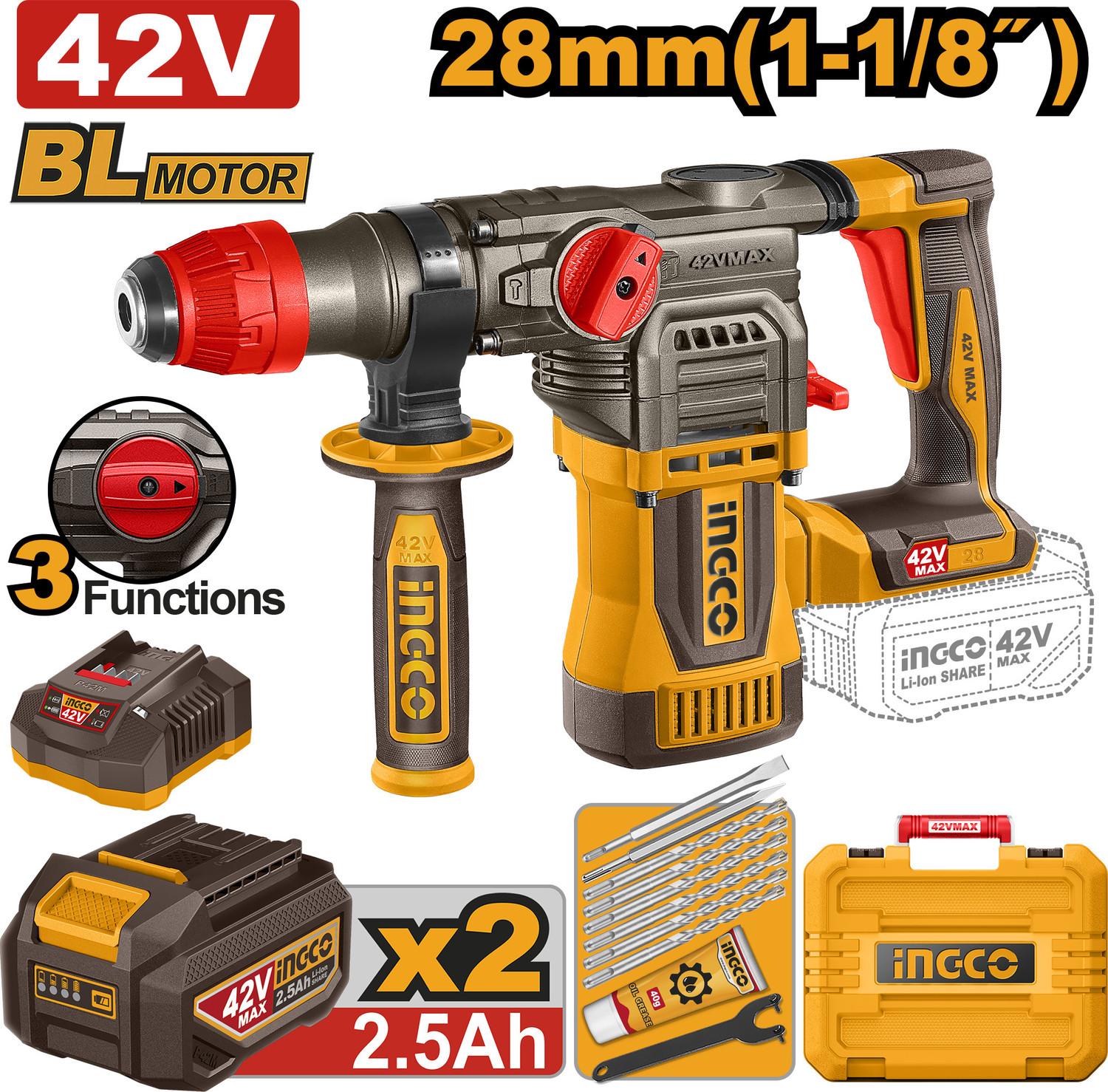 Image of INGCO CRHLI422882 Rotary Hammer Drill