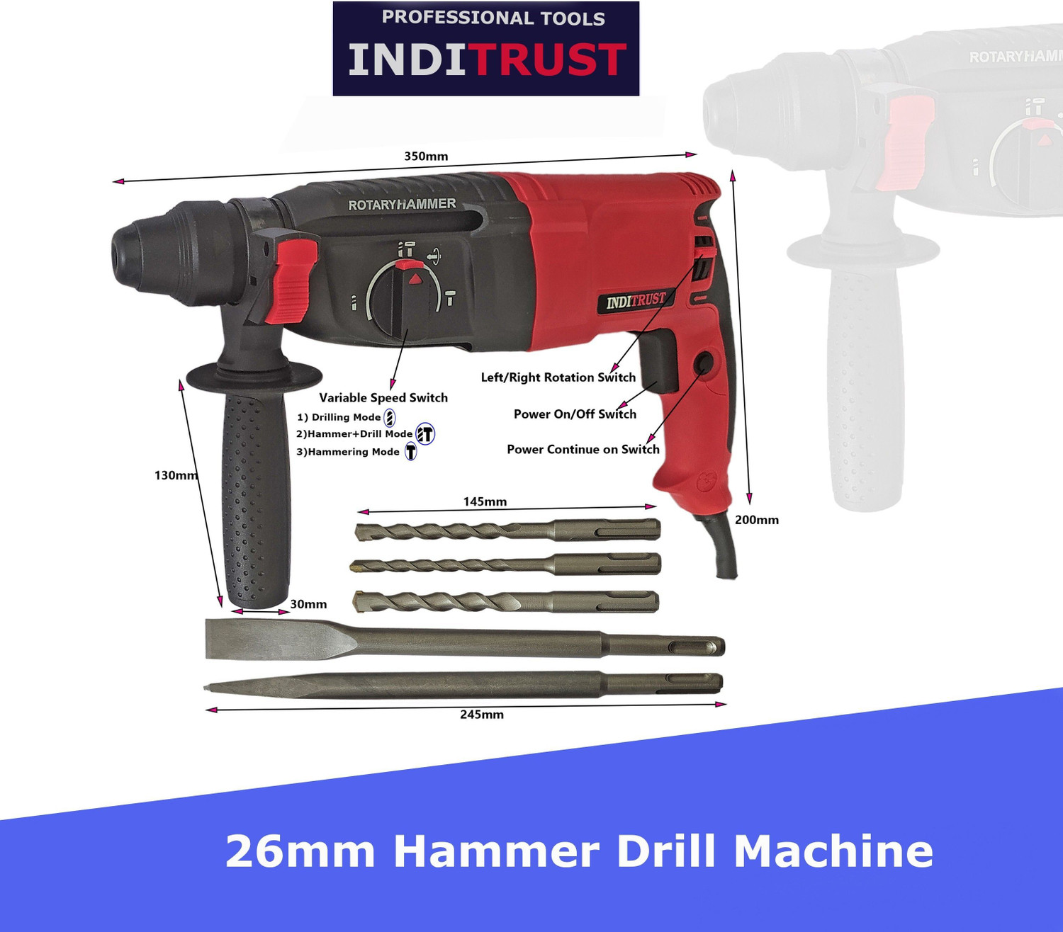 Image of Inditrust Heavy duty 6 Month Warranty 100% Copper Winding Heavy Duty 1600W Electric Hammer Machine with 5pc Hammer bit set Rotary Hammer Drill (26 mm Chuck Size, 1600 W)