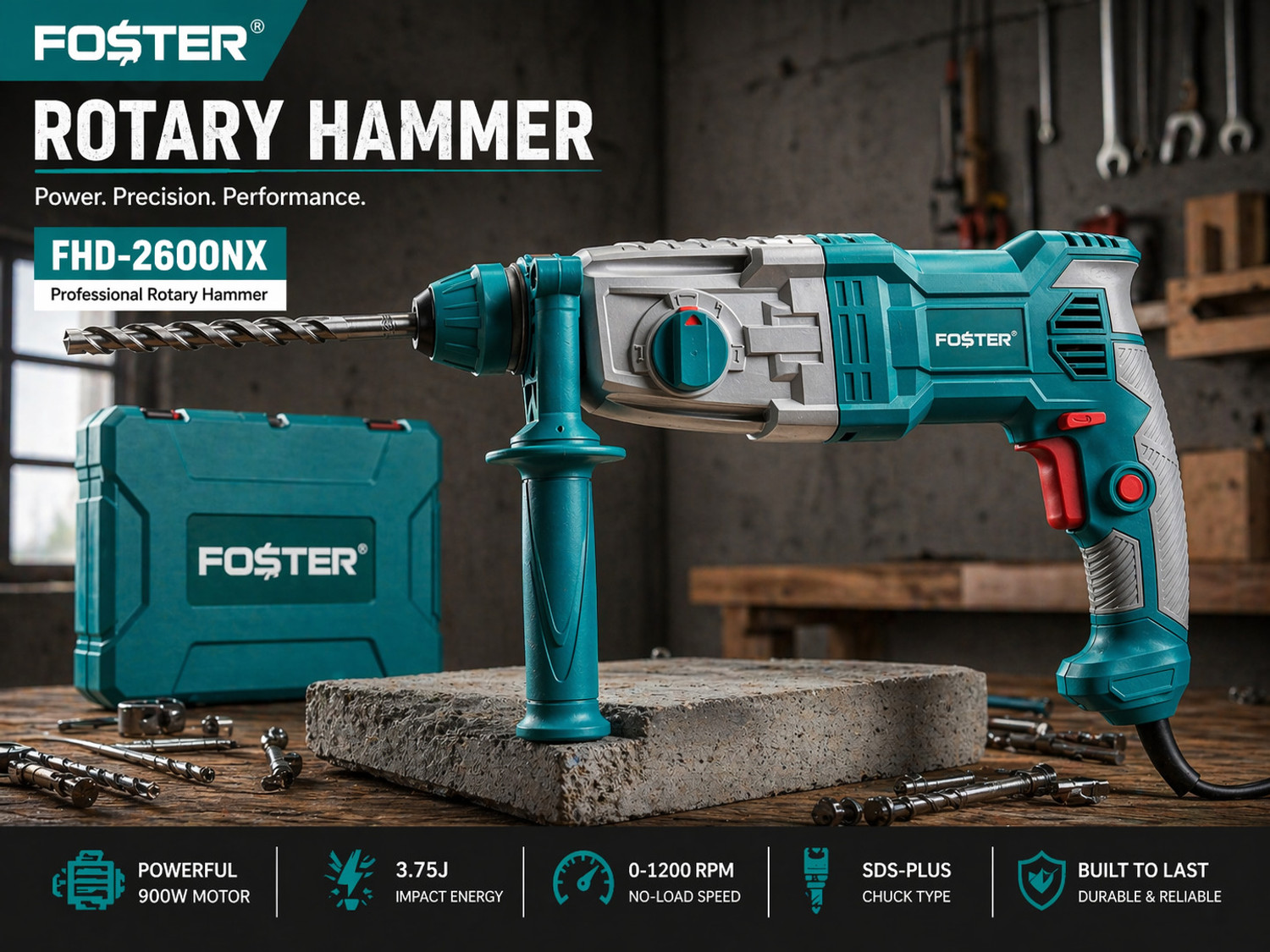 Image of FOSTER Hammering machine for Wall | Copper Armature| Triple Mode Action | 3.75J, 900W | FHD-2600NX | 26mm , 900W | Best Seller , Heavy Duty | Chisel Machine | With Bits Rotary Hammer Drill