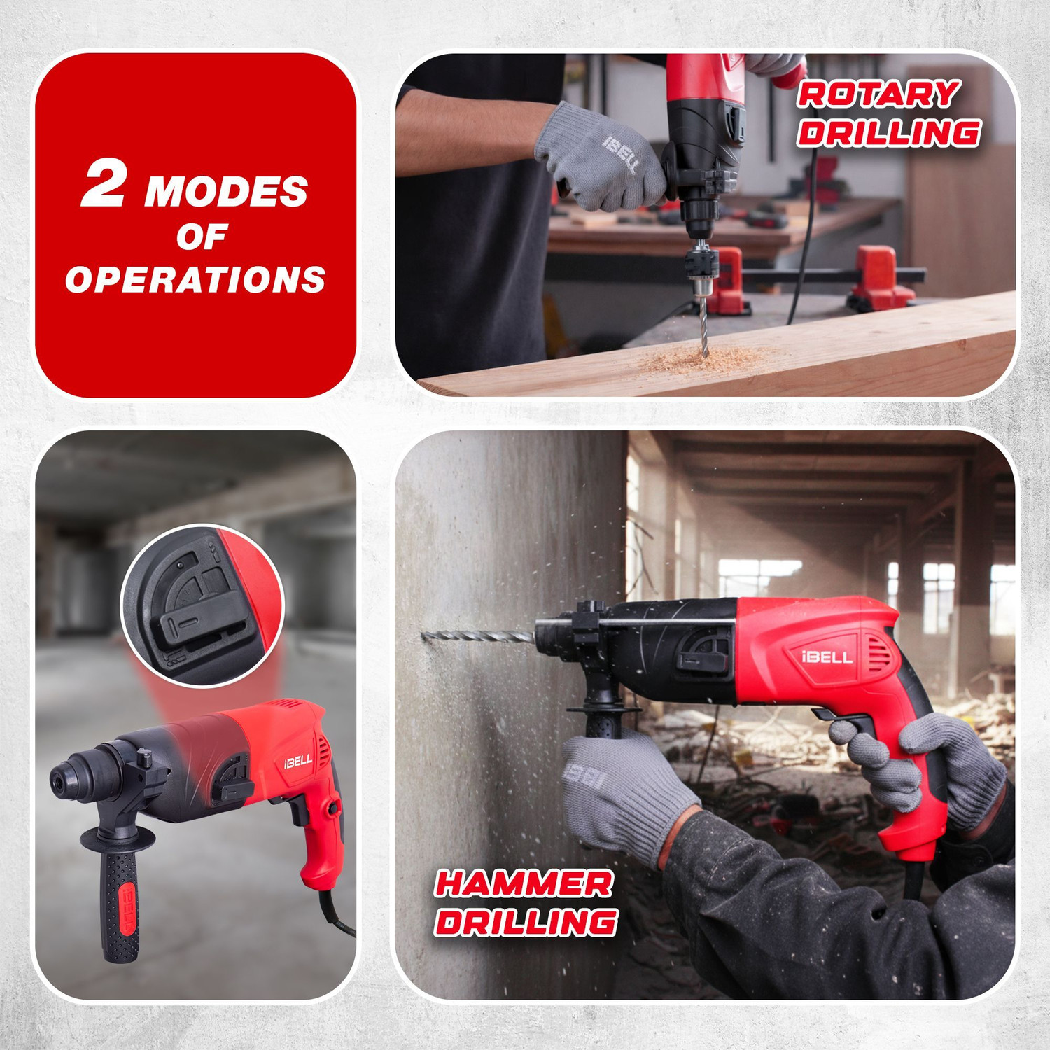 Image of iBELL Rotary Hammer Drill, 850 RPM, Impact Energy 1.5J, RH20-25,SDS Plus,500W,20MM Rotary Hammer Drill