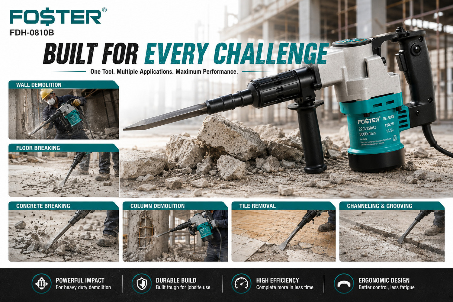 Image of FOSTER FDH-0810B | Heavy Duty, Full Copper Armature | 5 Kg Demolition Hammer 1200W, 13.5J | Breaker Machine | Heavy Duty Hammer Drill