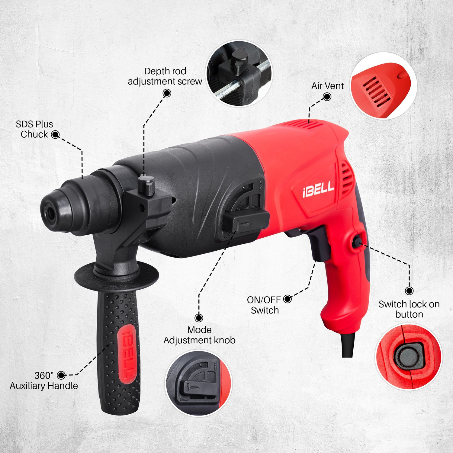 Image of iBELL Rotary Hammer Drill, 850 RPM, Impact Energy 1.5J, RH20-25,SDS Plus,500W,20MM Rotary Hammer Drill