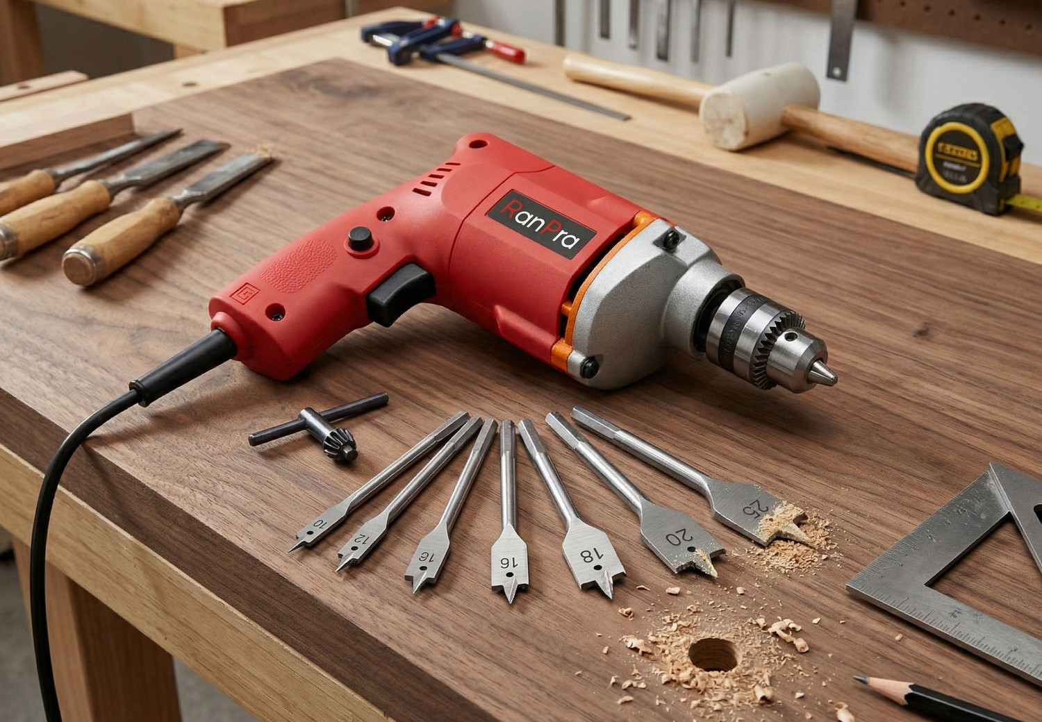 Image of RanPra 10MM DRILL MACHINE WITH 6PCS FLAT WOOD DRILL BIT & CLAW HAMMER|10MM DRILL| 5pcs Drill bits and 4useable Blades and 4inch Angle Grinder Hammer Drill