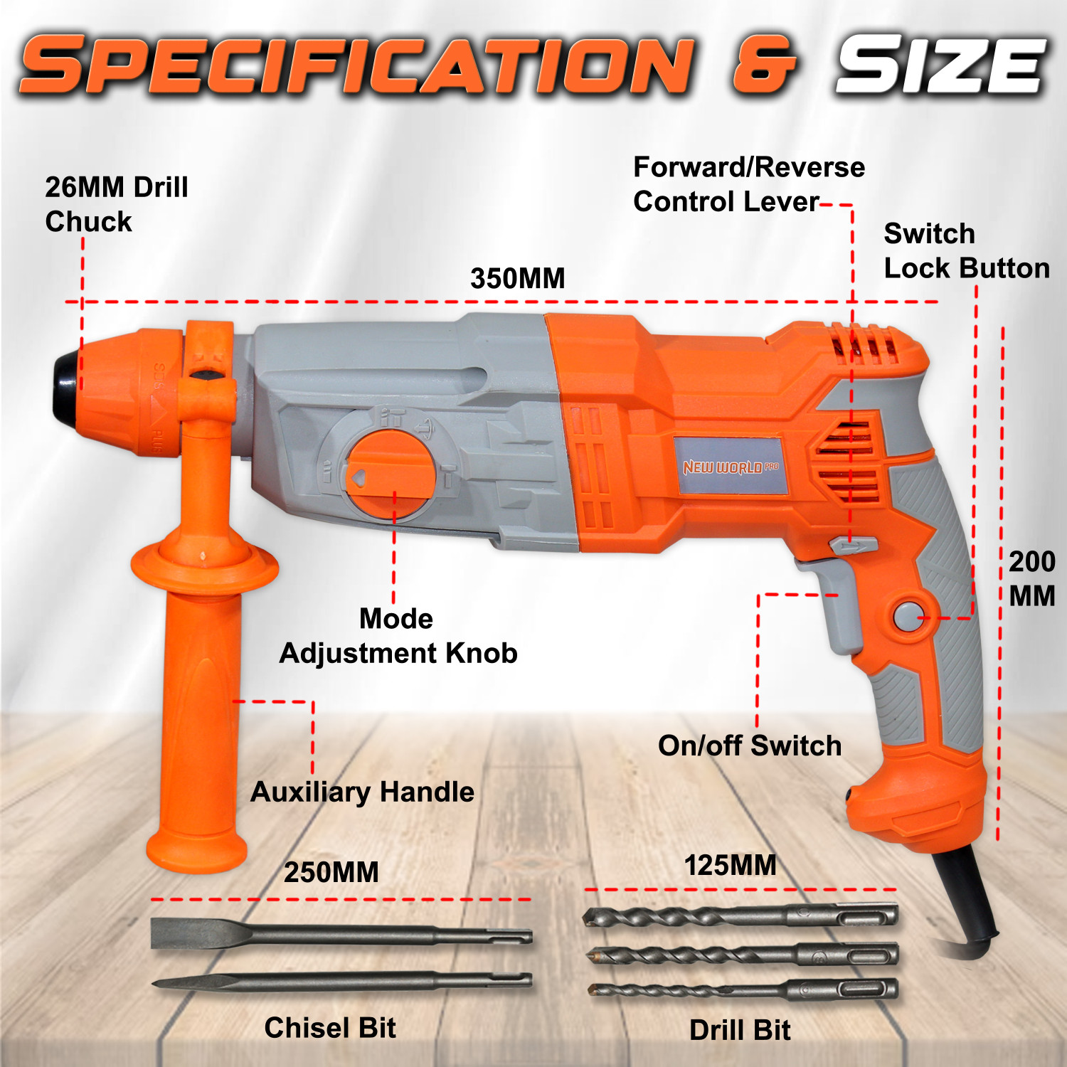 Image of Digital Craft Drill Machine 100% Copper Winding - 13mm Chuck Hand Tool with SDS Adaptor 2200W Electric Rotary Hammer Drill Machine 26mm with 5 Drill Bits Rotary Hammer Drill