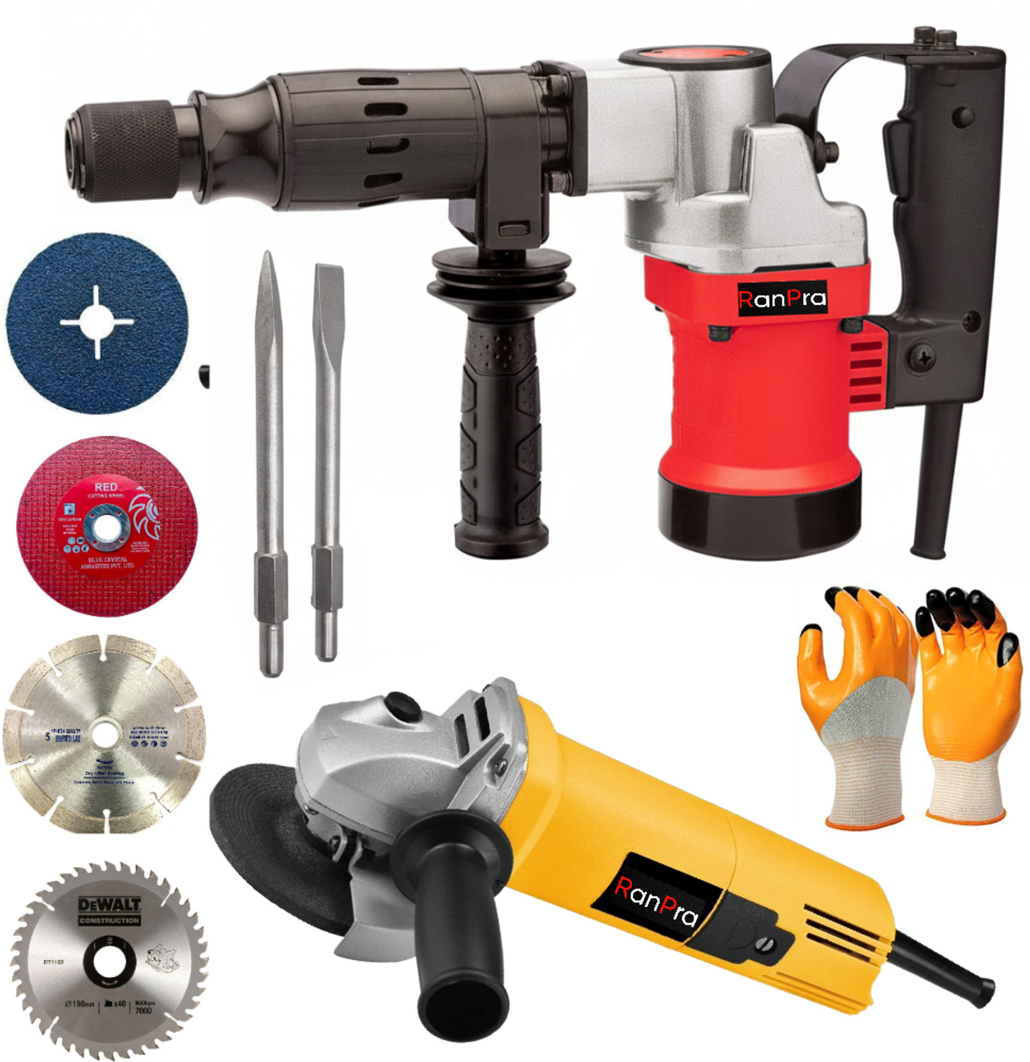 Image of RanPra 5KG DEMOLITION BREAKER MACHINE & 4INCH ANGLE GRINDER WITH CUTTING WHEEL Rotary Hammer Drill