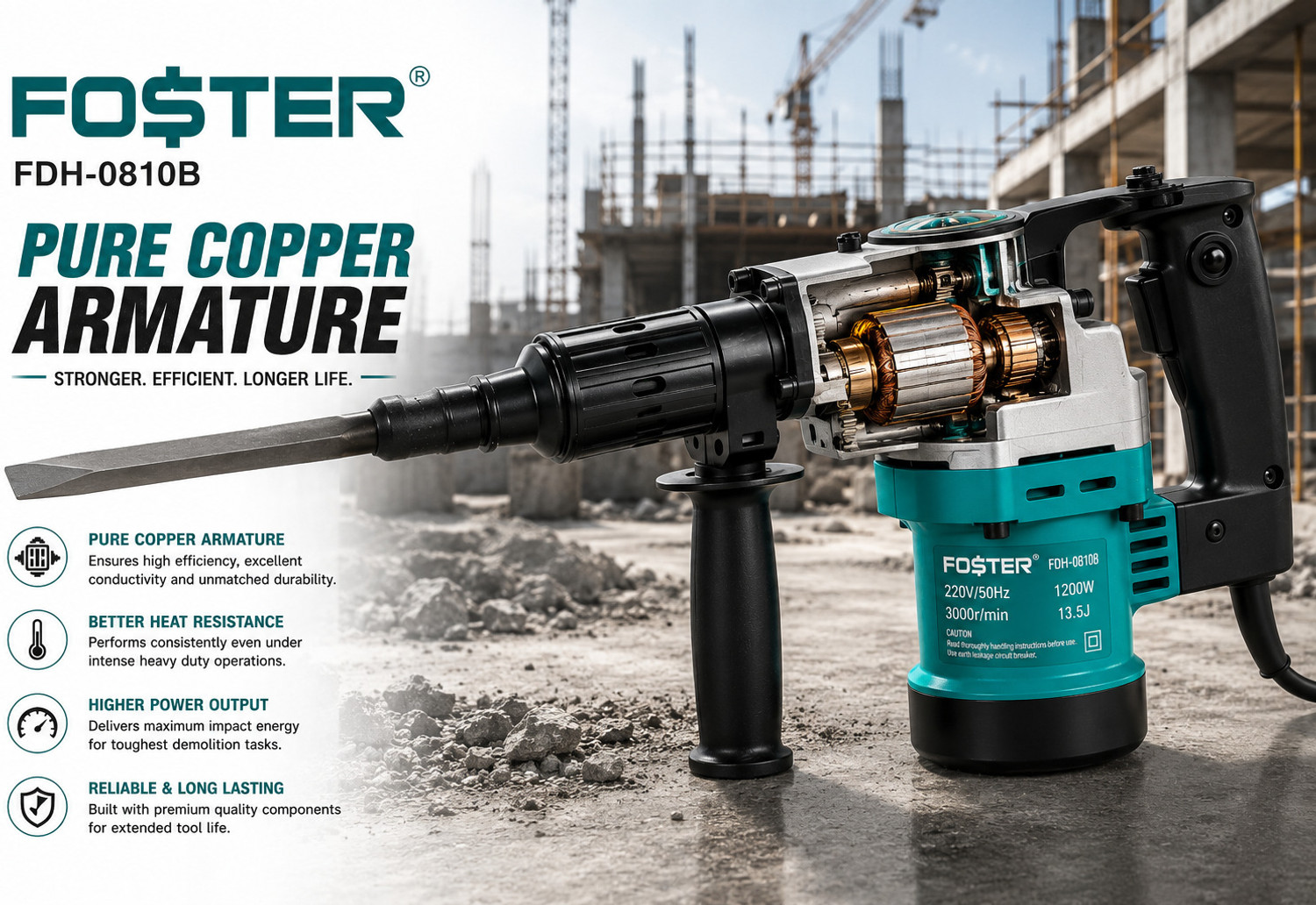 Image of FOSTER FDH-0810B | Heavy Duty, Full Copper Armature | 5 Kg Demolition Hammer 1200W, 13.5J | Breaker Machine | Heavy Duty Hammer Drill