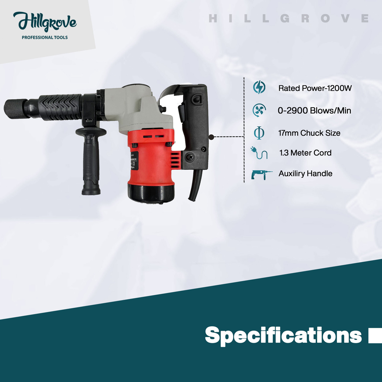 Image of Hillgrove 100% Copper Winding HGCM536M7 17mm Demolition Breaker Drill Machine with 2 100% Copper Winding HGCM536M7 17mm Demolition Breaker Drill Machine with 2 Pistol Grip Drill