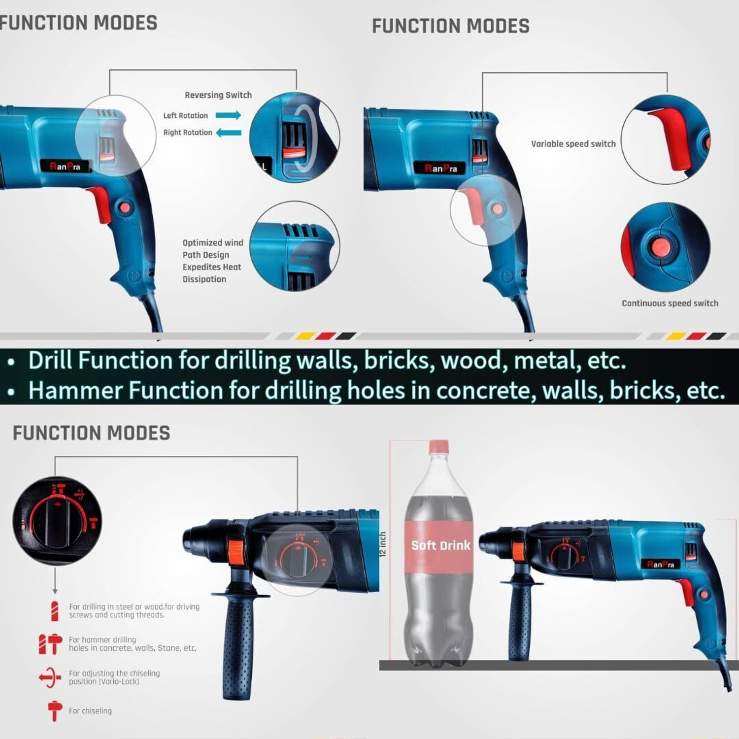 Image of RanPra 100% copper winding 26 mm hammer dril With 13mm Drill Chuck Sds 5 Pcs Drill Bit Rotary Hammer Drill