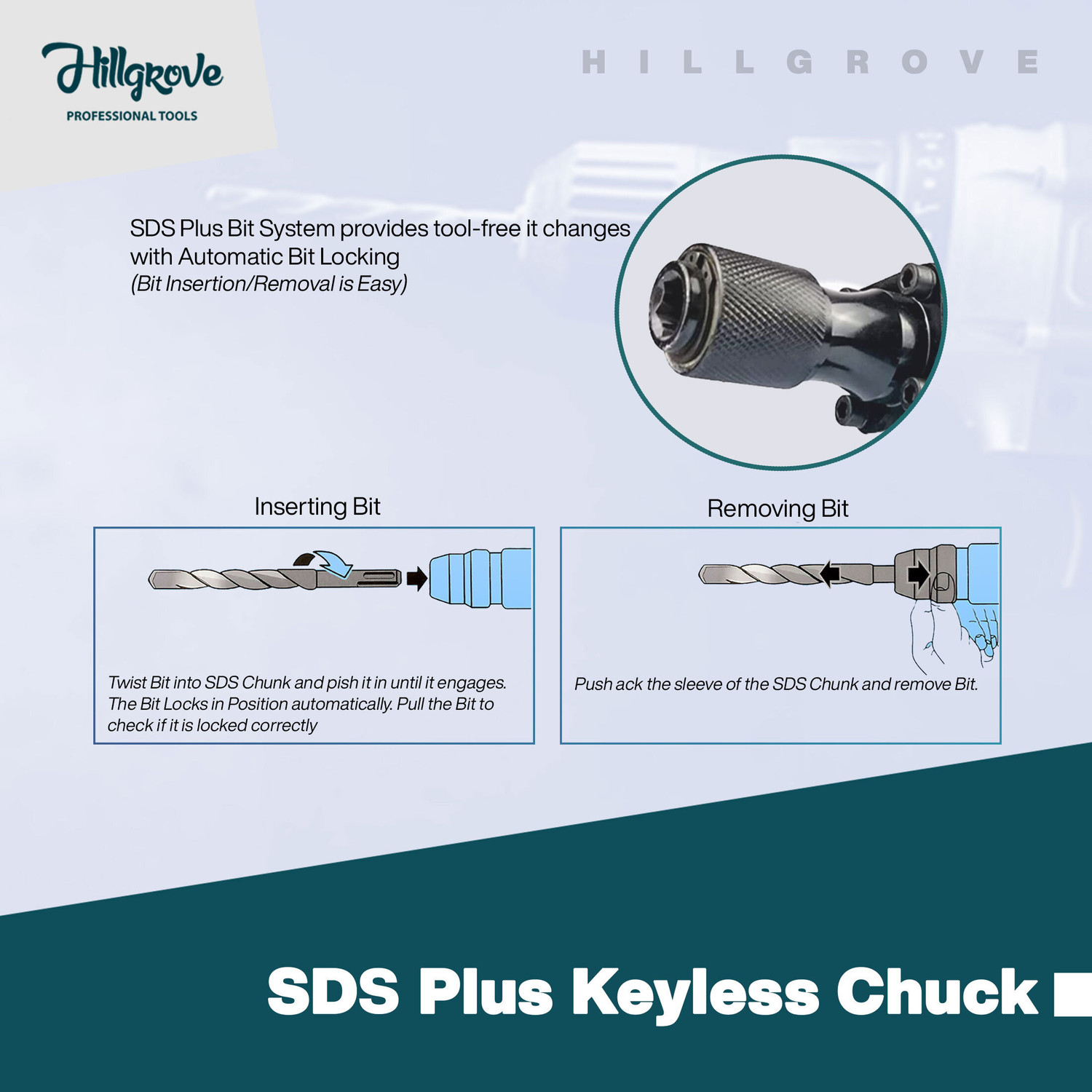 Image of Hillgrove HGCM536M5 17mm Demolition Chisel+Hammer Concrete Breaker Drill Machine with Power & Hand Tool Kit