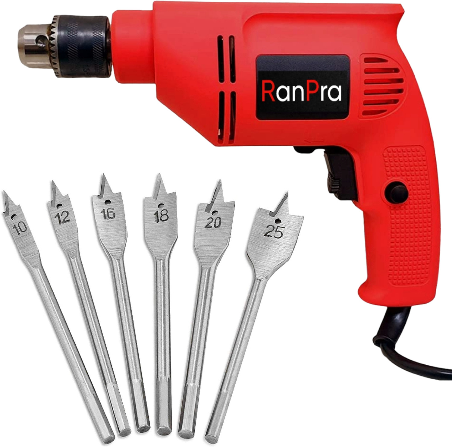 Image of RanPra 10MM DRILL MACHINE ( FORWARD & REVERSE FUNCTION ) WITH 6PCS FLAT WOOD DRILL BIT CF-366 10 MM DRILL MACHINE HEAVY DUTY Impact Driver