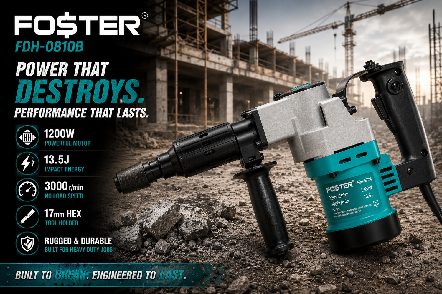 Image of FOSTER FDH-0810B | Heavy Duty, Full Copper Armature | 5 Kg Demolition Hammer 1200W, 13.5J | Breaker Machine | Heavy Duty Hammer Drill