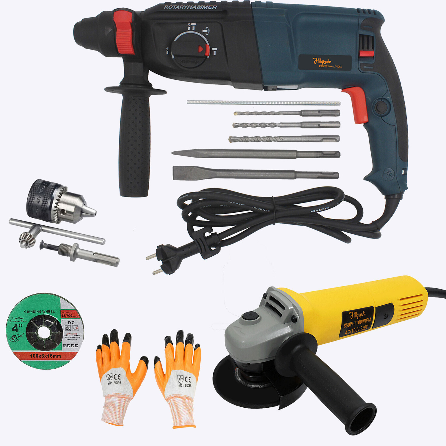 Image of Hillgrove HGCM1364M1 1200W 100% Copper Winding 26mm Rotary Hammer Impact Gun Chipping HGCM1364M1 Hammering Drilling Breaker Drill Machine Kit Set with Angle Grinder Rotary Hammer Drill (26 mm Chuck Size, 1200 W)