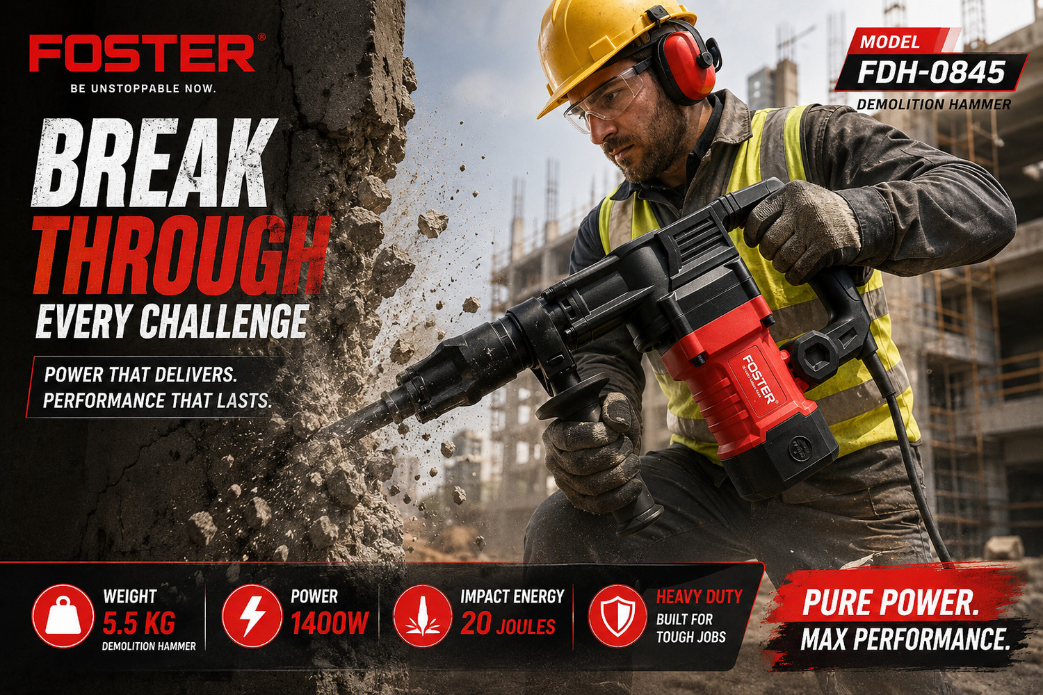 Image of FOSTER FDH-0845 | Heavy Duty, Full Copper Armature | 5.5 Kg Demolition Hammer 1400W, 20J | Breaker Machine | Heavy Duty Hammer Drill (32 mm Chuck Size, 1400 W)