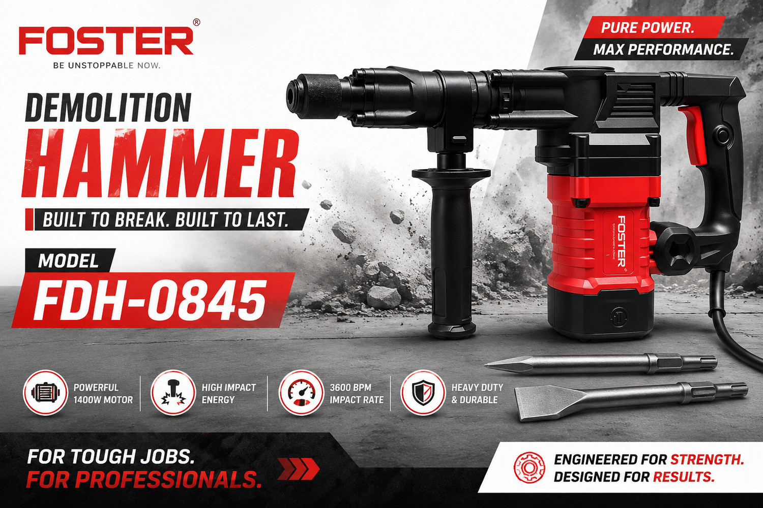 Image of FOSTER FDH-0845 | Heavy Duty, Full Copper Armature | 5.5 Kg Demolition Hammer 1400W, 20J | Breaker Machine | Heavy Duty Hammer Drill (32 mm Chuck Size, 1400 W)