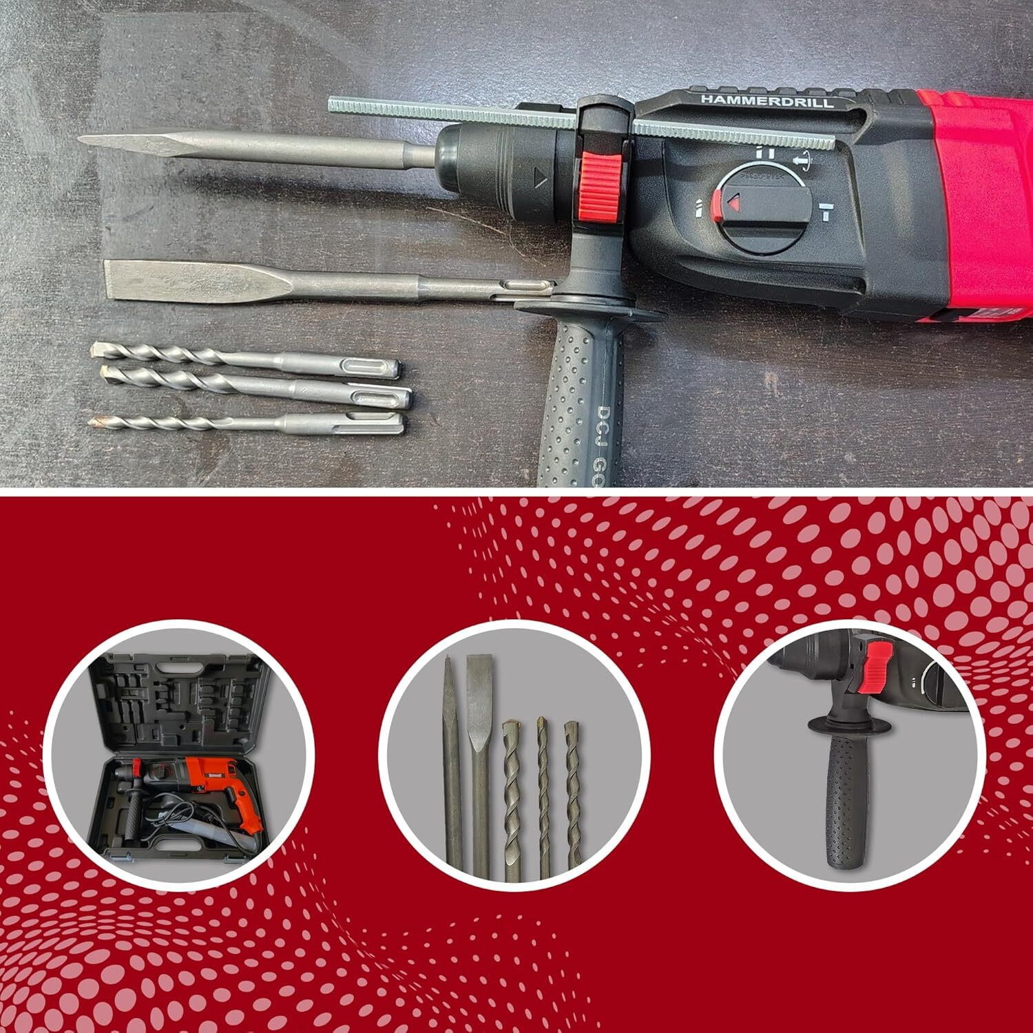 Image of RanPra 26MM ROTARY HAMMER DRILL WITH HANDTOOL SET & SAFETY GLOVES 100% copper winding 26 mm hammer dril With 13mm Drill Chuck Sds 5 Pcs Drill Bit Rotary Hammer Drill