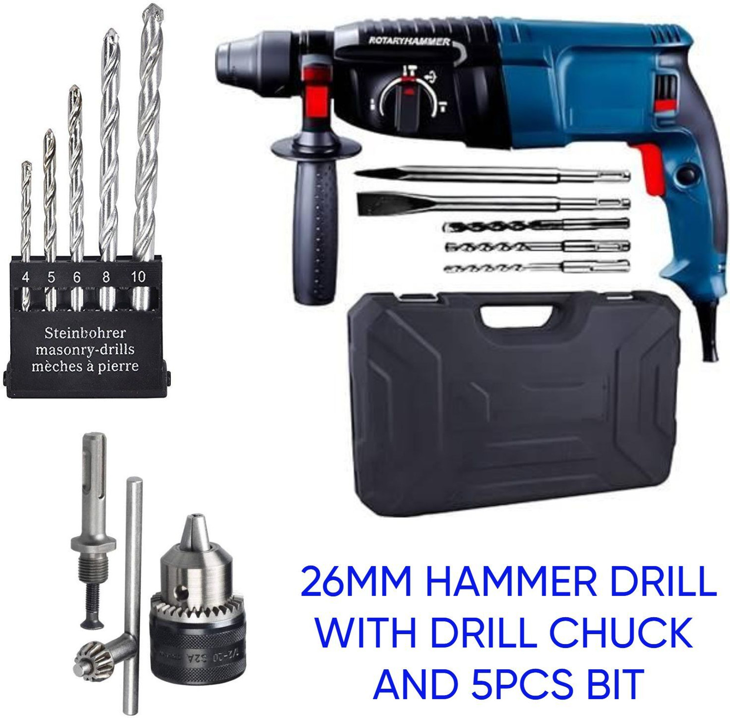 Image of RanPra 100% copper winding 26 mm hammer dril With 13mm Drill Chuck Sds 5 Pcs Drill Bit Rotary Hammer Drill