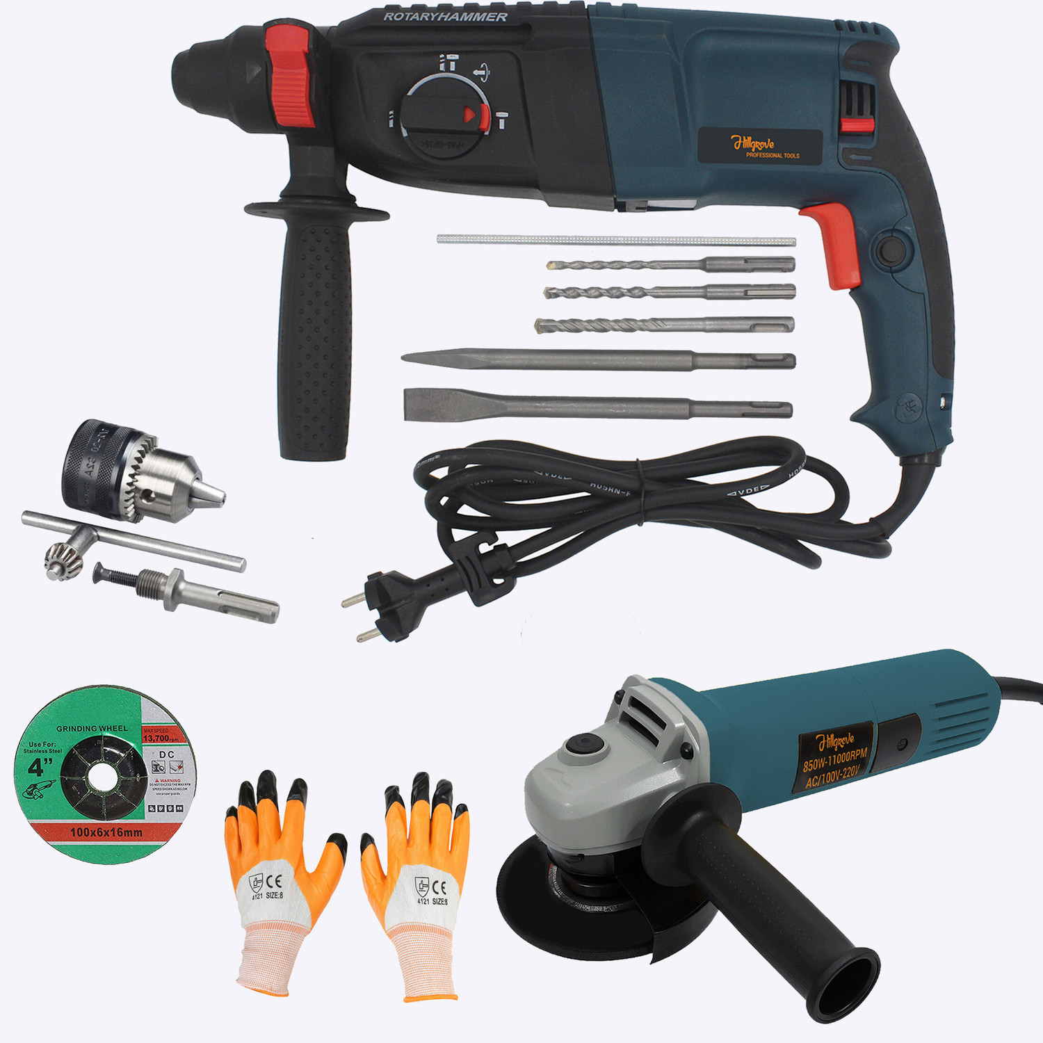 Image of Hillgrove HGCM1365M1 1200W 100% Copper Winding 26mm Rotary Hammer Impact Gun Chipping HGCM1365M1 Hammering Drilling Breaker Drill Machine Kit Set with Angle Grinder Rotary Hammer Drill