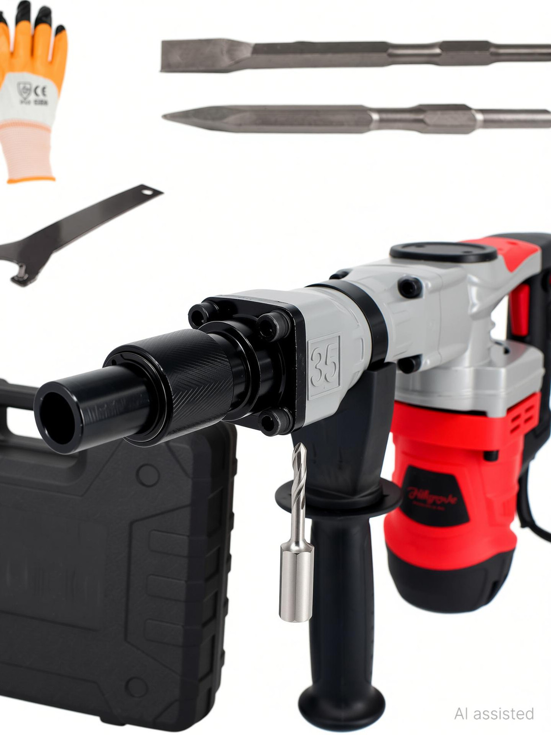 Image of Hillgrove HGCM1398M1 2000W 100% Copper Winding 7Kg Concrete Demolition Hammer Chipping HGCM1398M1 Hammering Drilling Breaker Drill Machine 7Kg Kit Set Rotary Hammer Drill