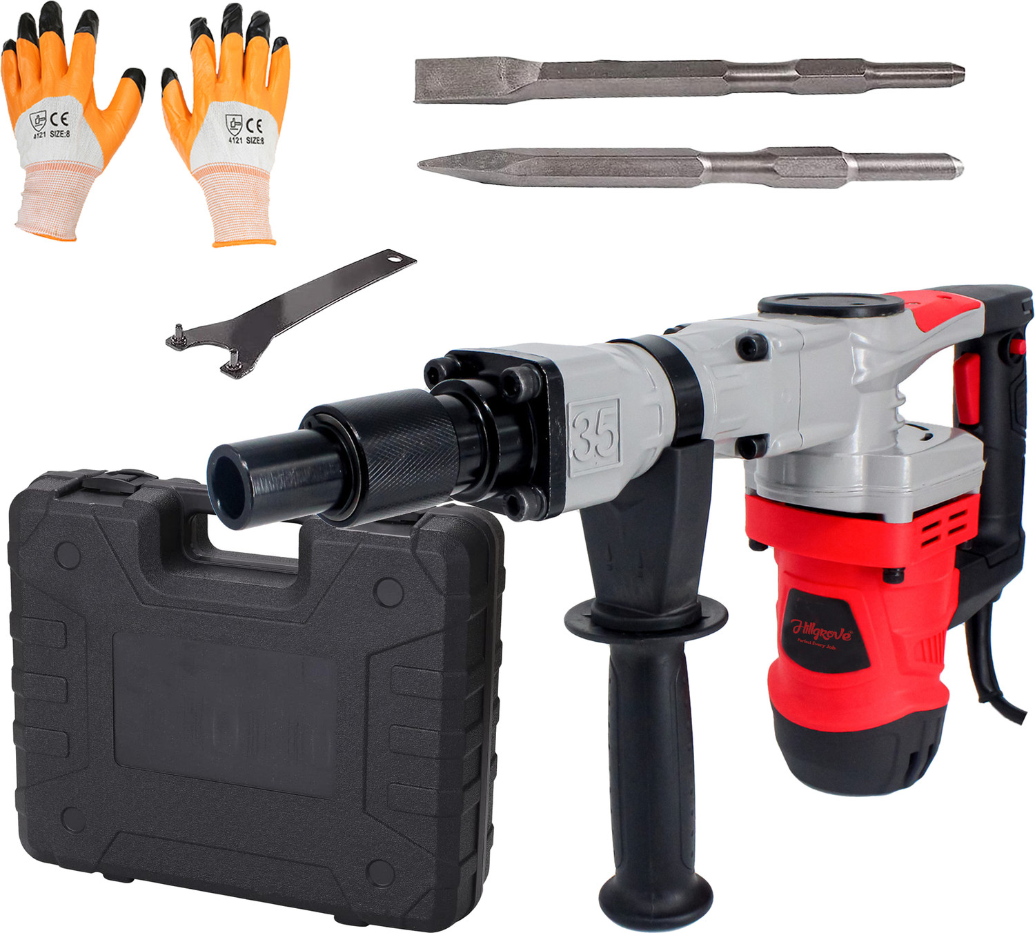 Image of Hillgrove HGCM1398M1 2000W 100% Copper Winding 7Kg Concrete Demolition Hammer Chipping HGCM1398M1 Hammering Drilling Breaker Drill Machine 7Kg Kit Set Rotary Hammer Drill