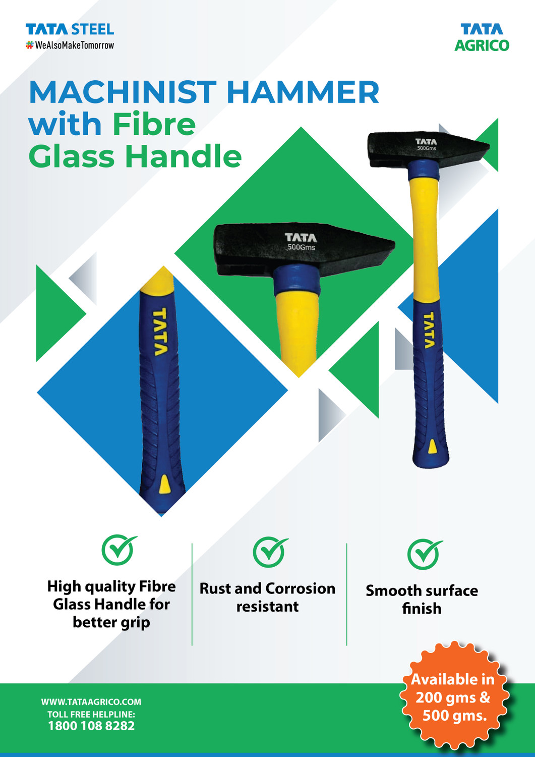 Image of TATA AGRICO MACHINIST HAMMER with Fiber Glass Handle Machinist Hammer 500 gm 10 inch 2G Fiberglass Handle Speciality Hammer