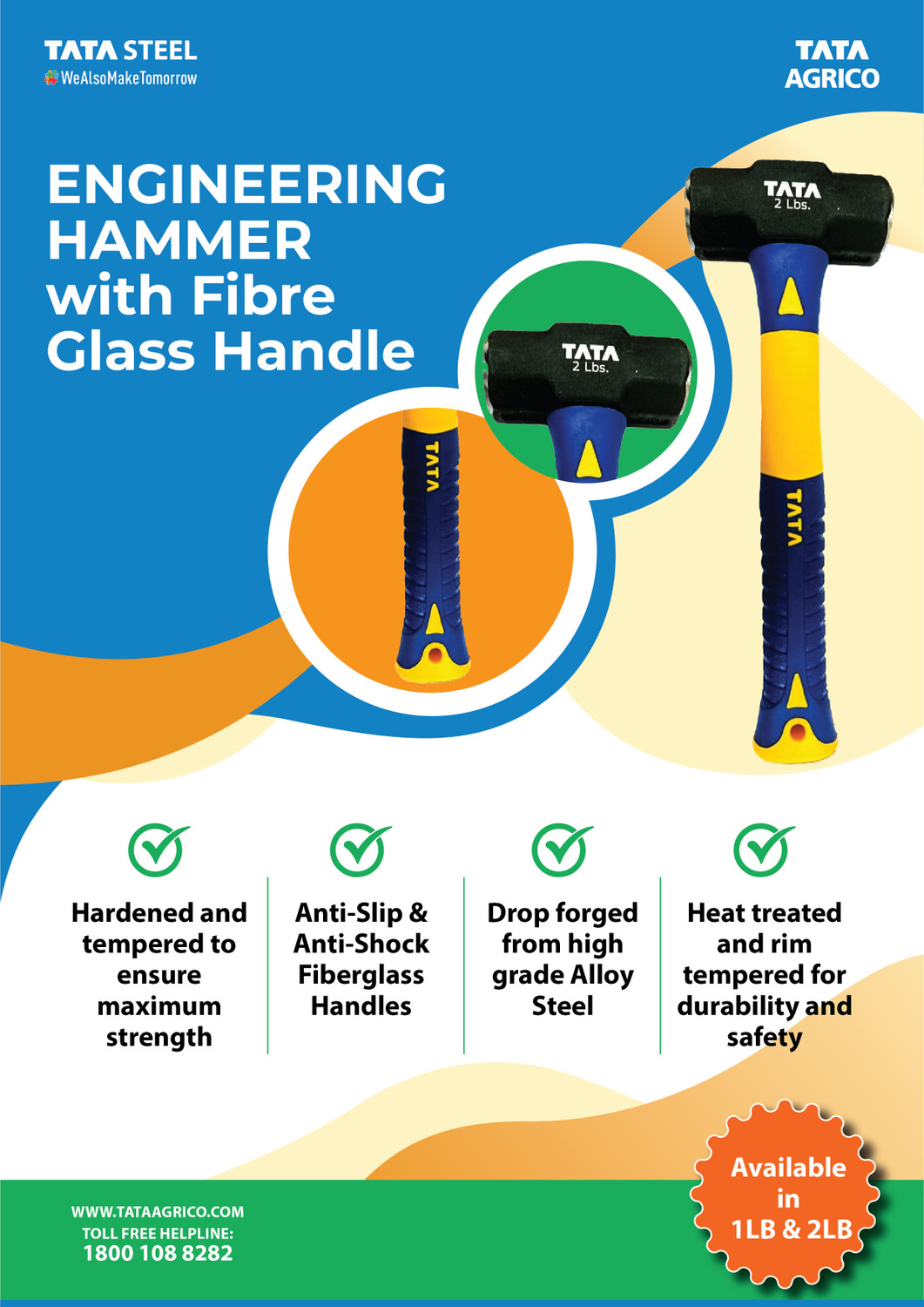 Image of TATA AGRICO Engineering Hammer 10 inch 2G Fiberglass Handle 1LB HMC010 Sledge Hammer