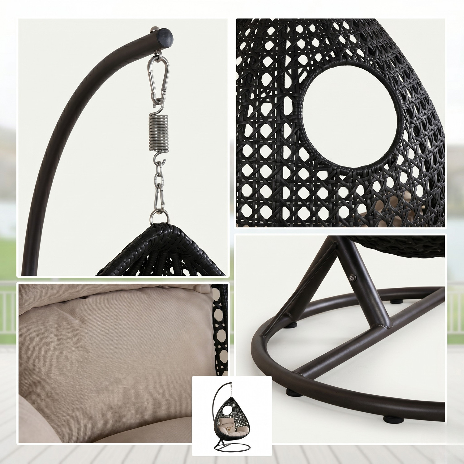 Image of Hindoro Single Seater Swing Chair with Stand Black Beige for Balcony Use Iron Hammock