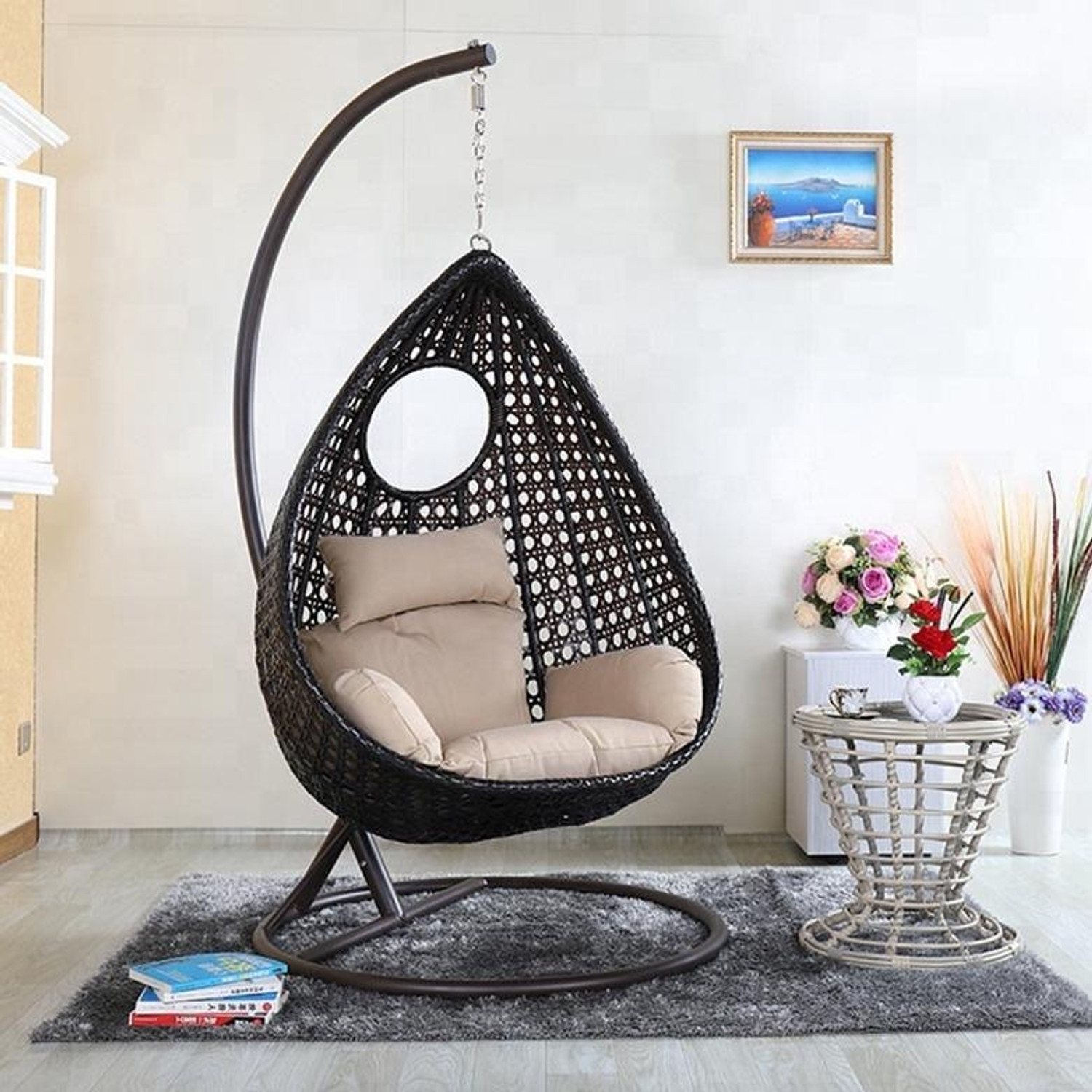 Image of Hindoro Single Seater Swing Chair with Stand Black Beige for Balcony Use Iron Hammock