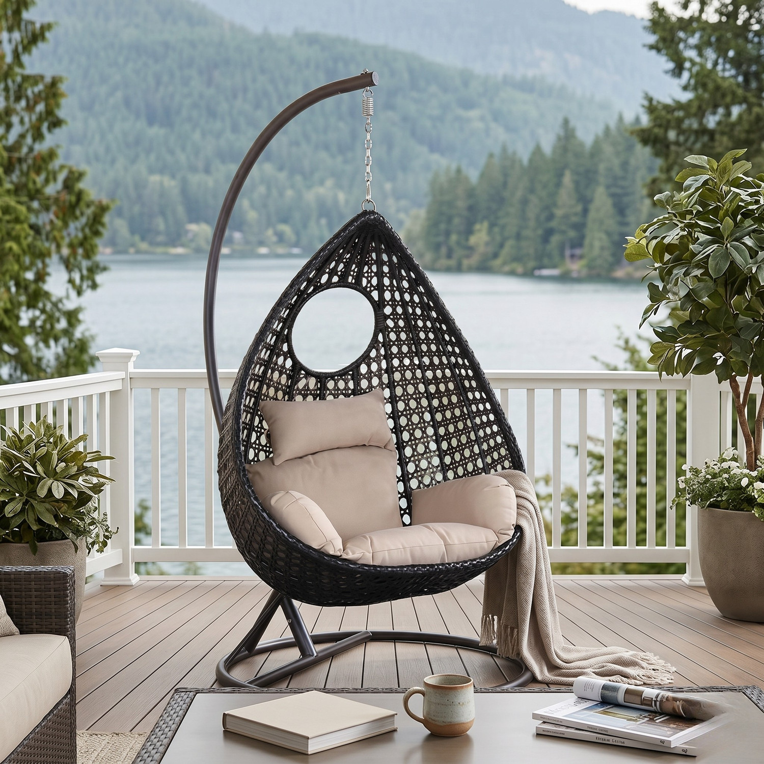 Image of Hindoro Single Seater Swing Chair with Stand Black Beige for Balcony Use Iron Hammock