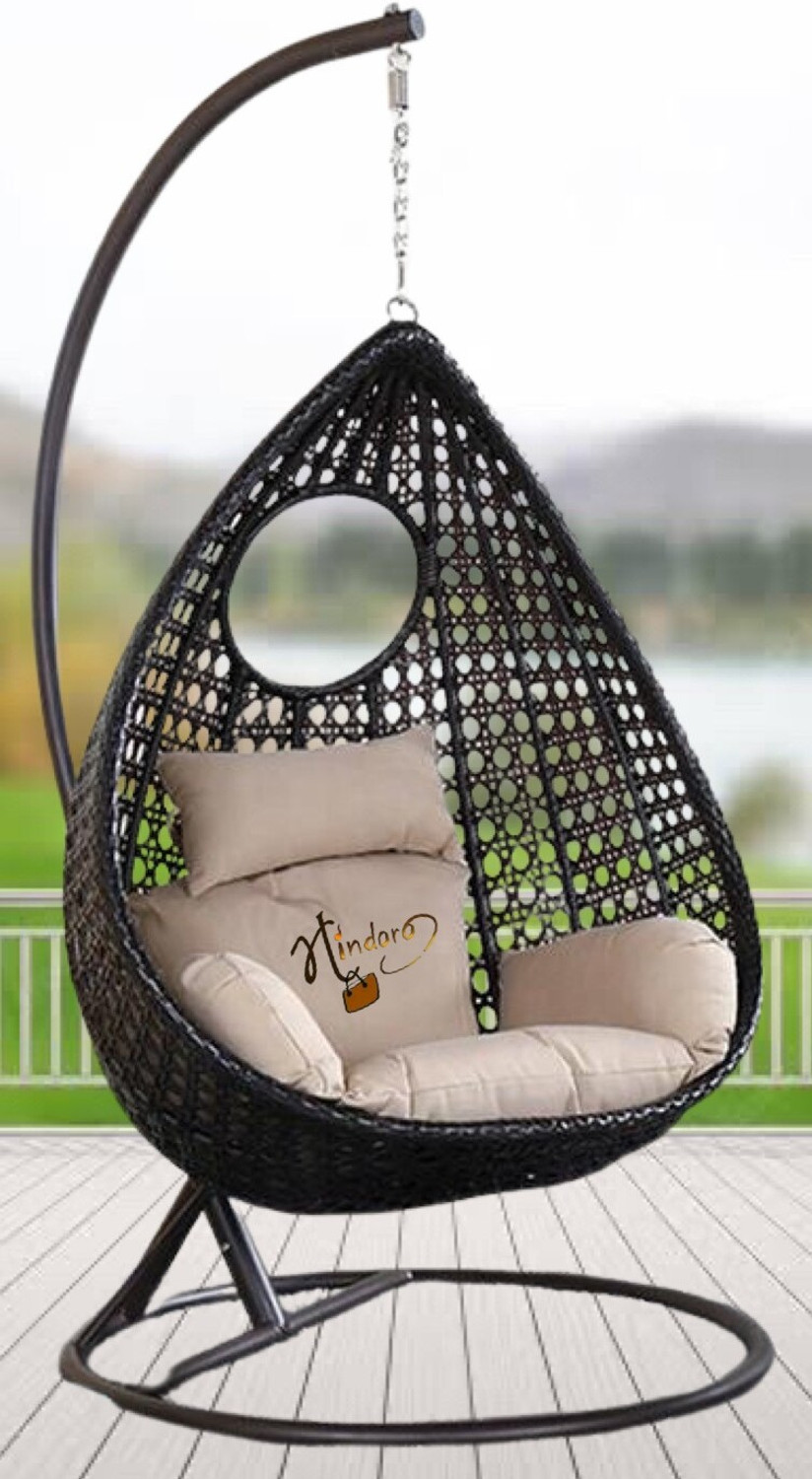 Image of Hindoro Single Seater Swing Chair with Stand Black Beige for Balcony Use Iron Hammock