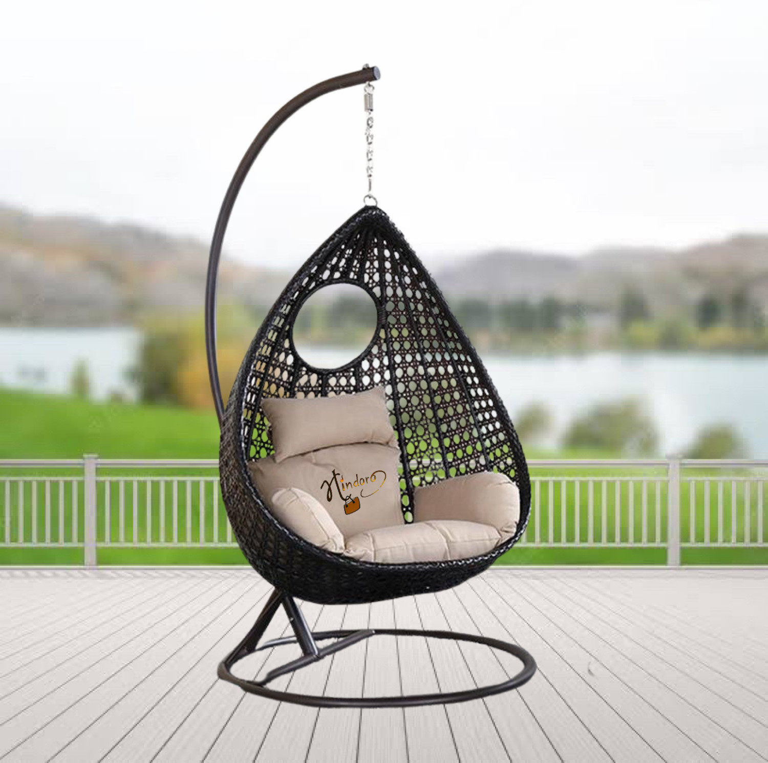 Image of Hindoro Single Seater Swing Chair with Stand Black Beige for Balcony Use Iron Hammock
