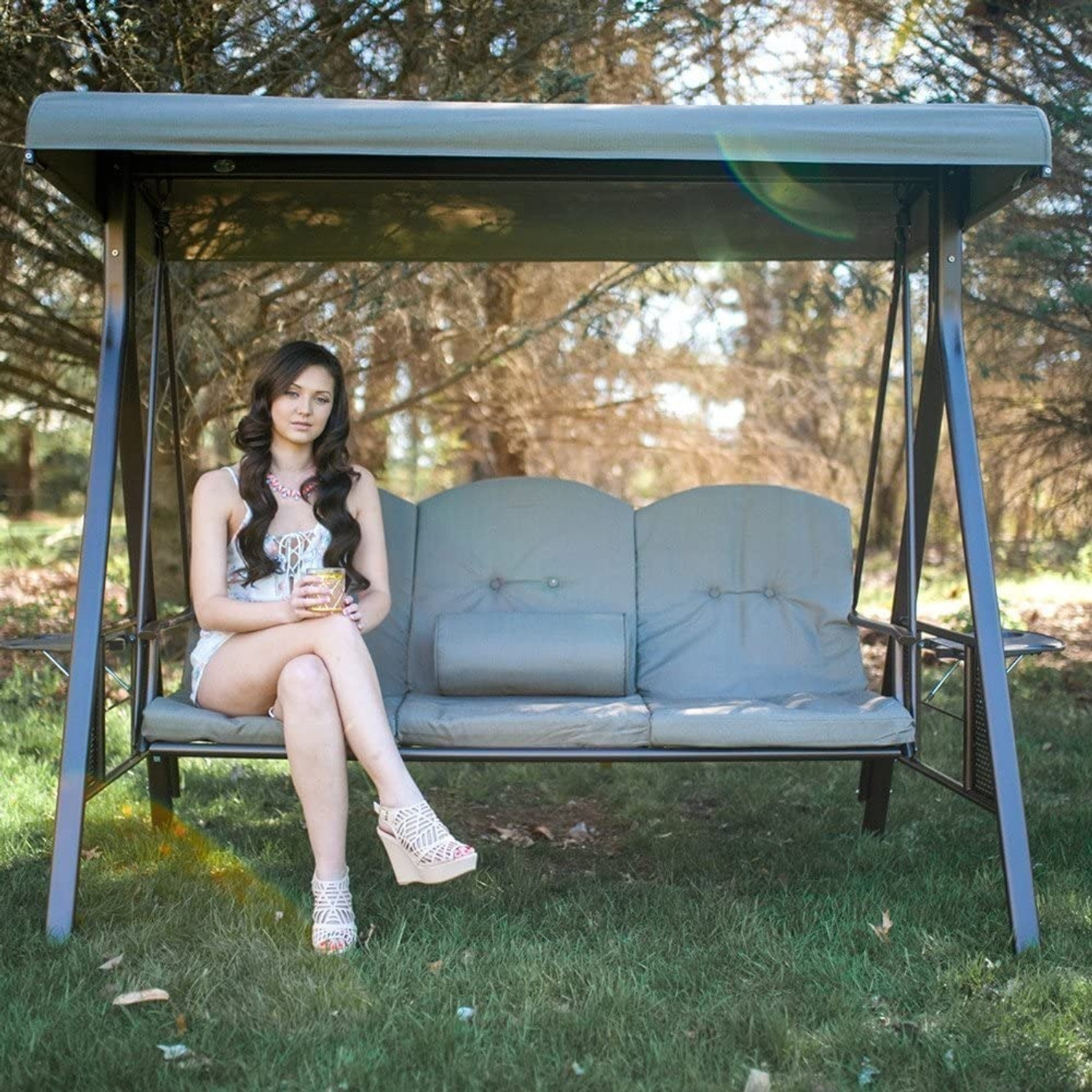Image of Metalsmith Low Carbon Steel 3 Seater Garden Swing Seat Outdoor Canopy. Iron Large Swing