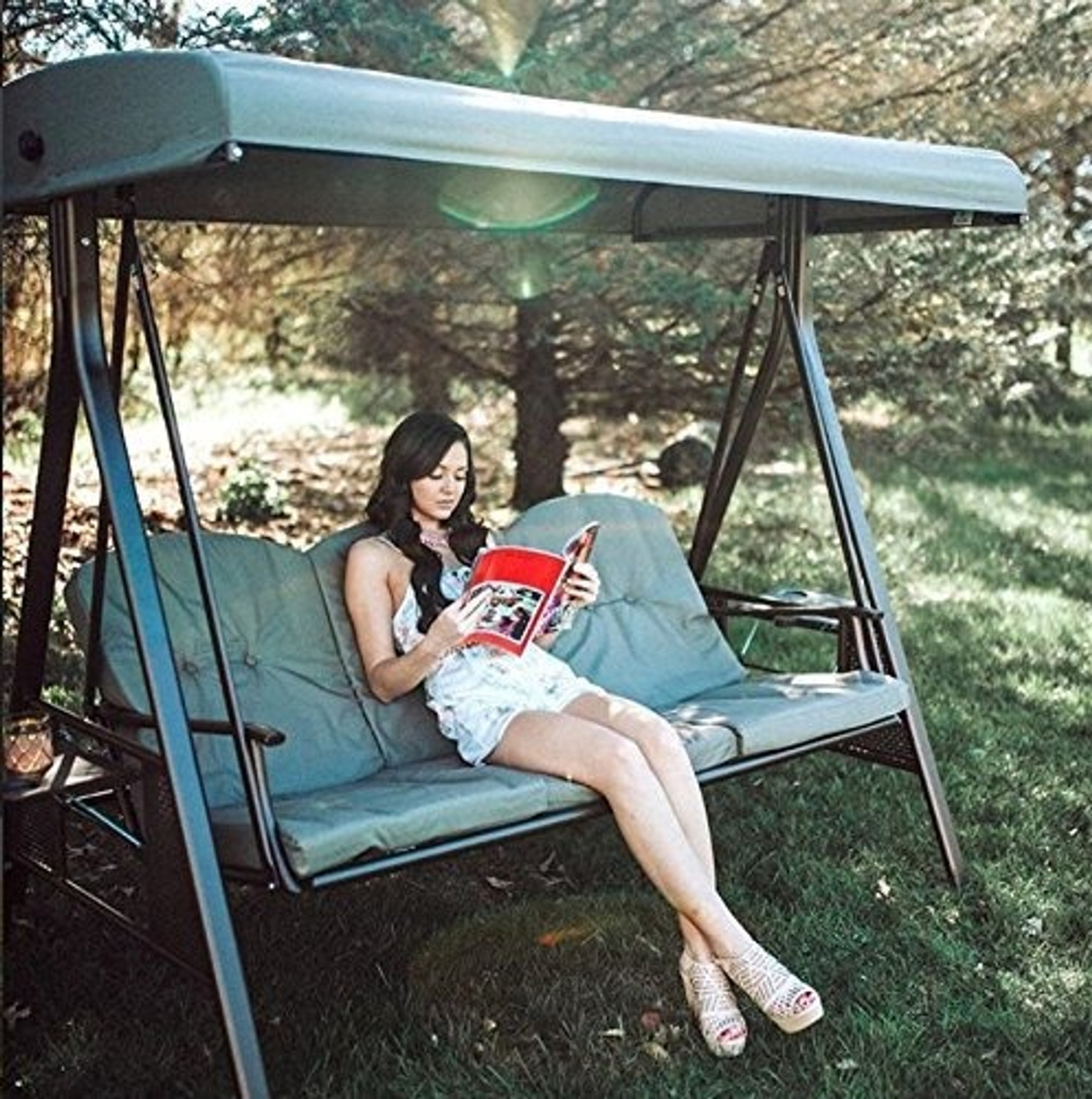 Image of Metalsmith Low Carbon Steel 3 Seater Garden Swing Seat Outdoor Canopy. Iron Large Swing