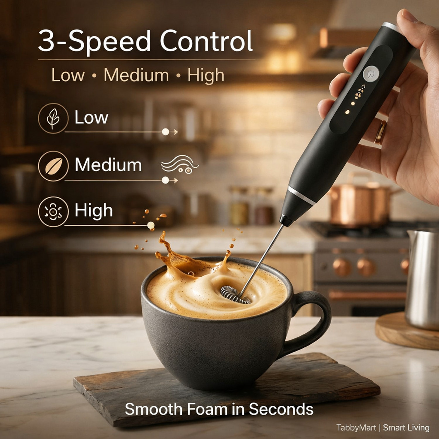 Image of Tabbymart 50 W Rechargeable Milk Frother & Egg Beater, 3-Speed USB Coffee Mixer, Black Electric Whisk