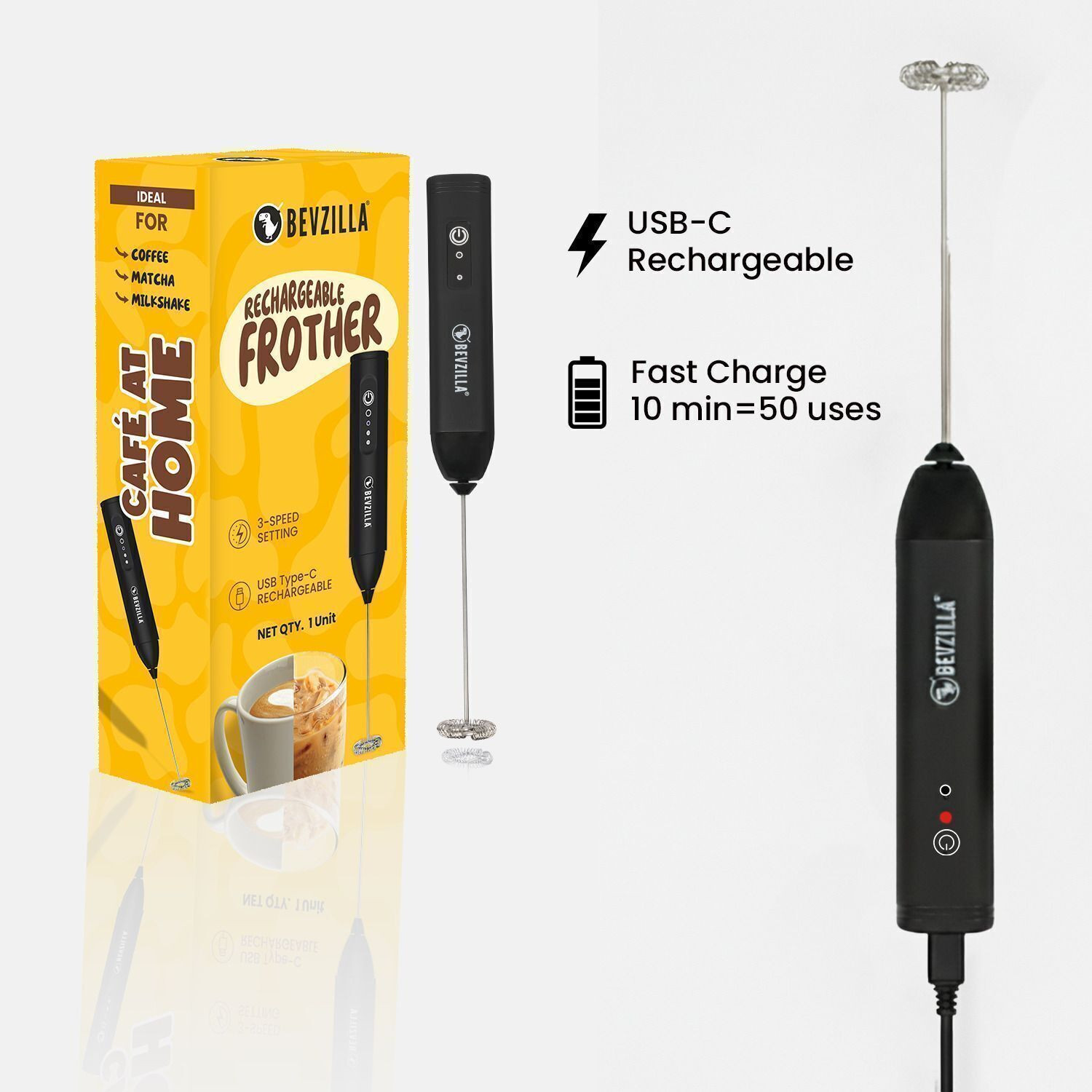 Image of Bevzilla 50 W 3-Speed Rechargeable Frother with Type-C Fast Charging | One-Touch Operation Electric Whisk, Hand Blender