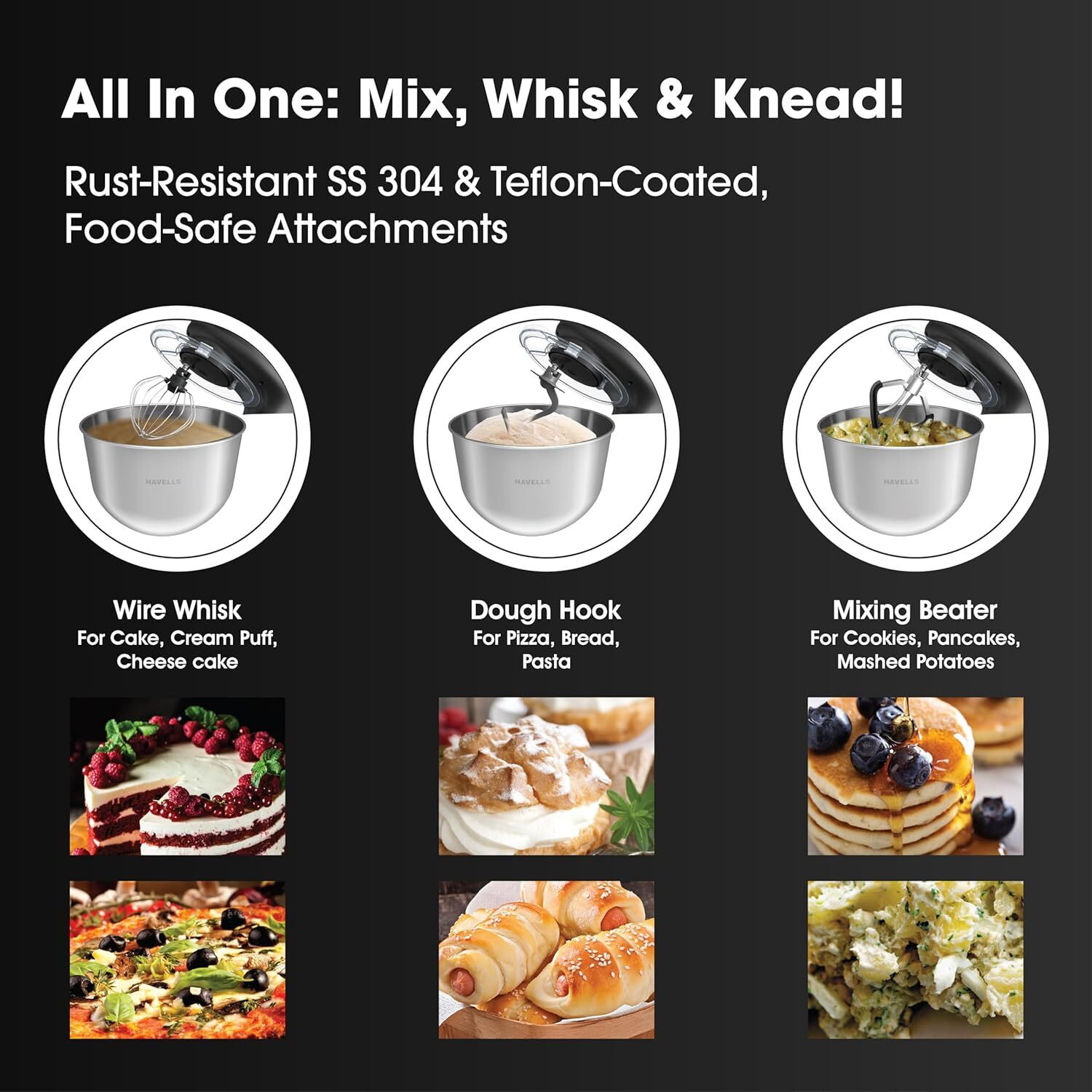 Image of HAVELLS 1100 W Crescent Stand Mixer 1100W|100% Copper Motor|Rust Resistant 5.5L SS Bowl Stand Mixer