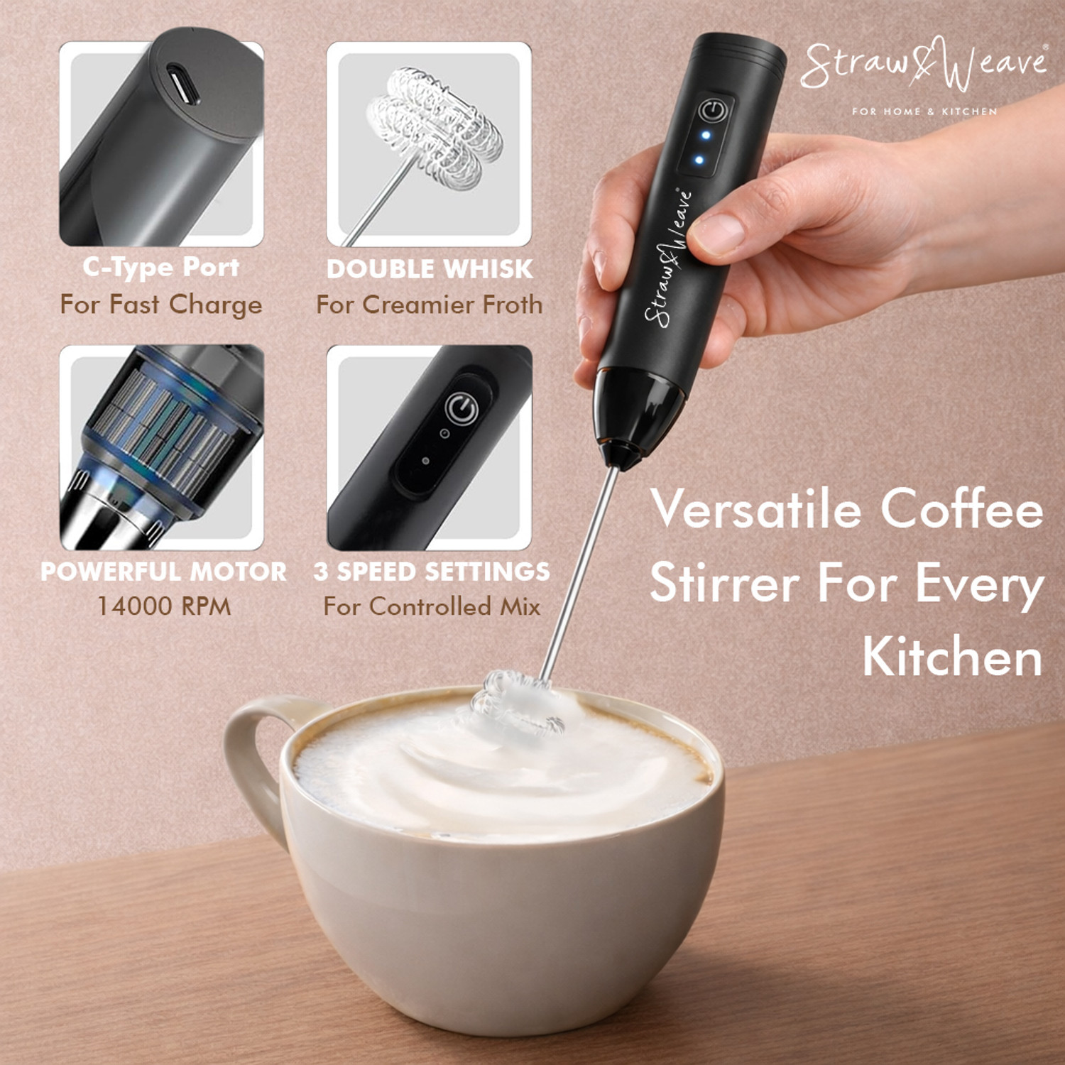 Image of Straw&Weave 50 W Black Hand Blender, Electric Whisk