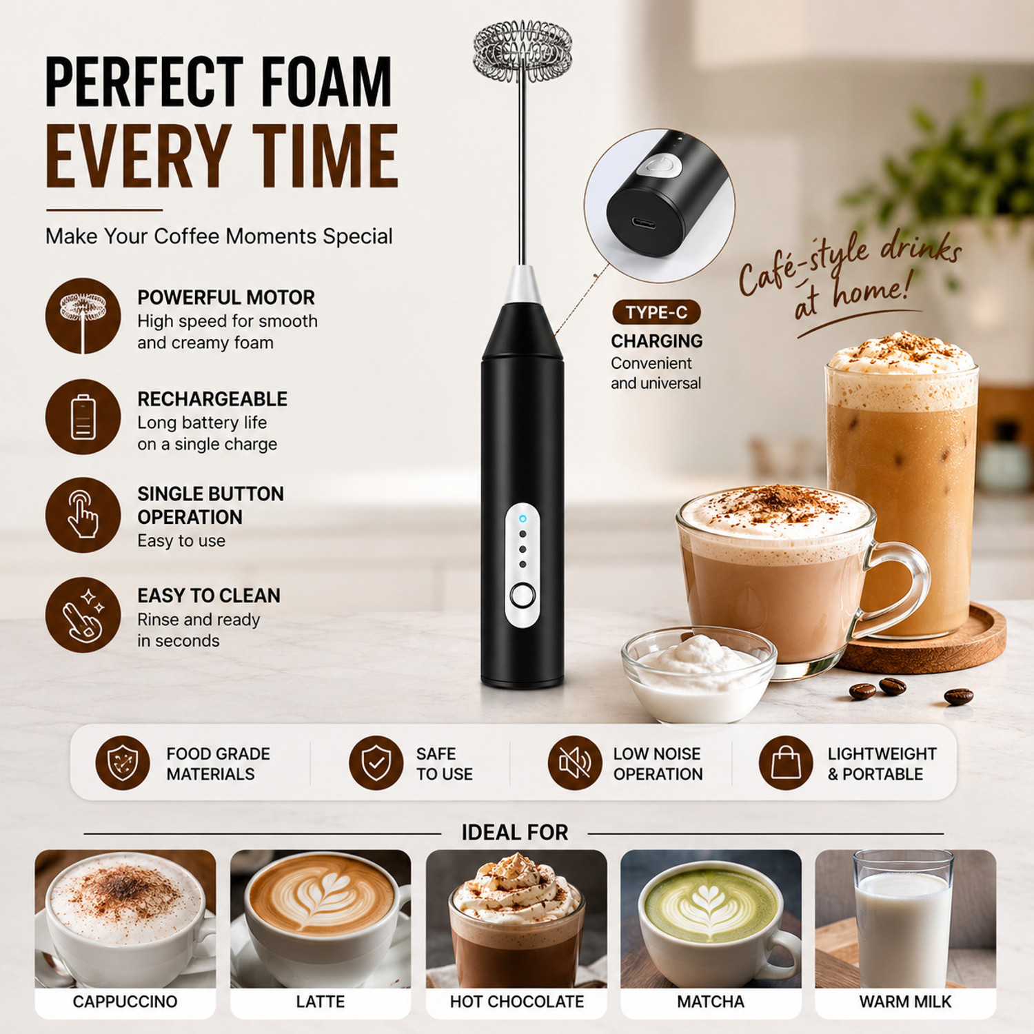 Image of FINIFAB Electric Milk Frother Steel Spiral Whisk