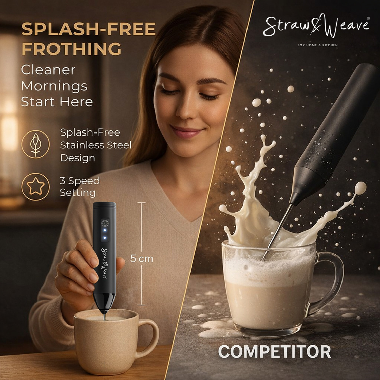 Image of Straw&Weave 50 W Black Hand Blender, Electric Whisk