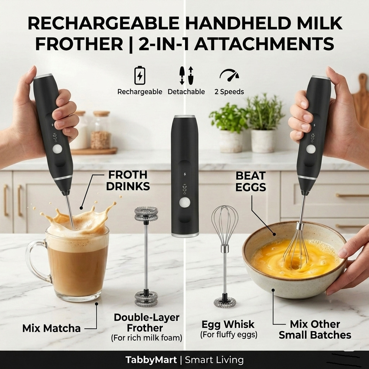 Image of Tabbymart 50 W Rechargeable Milk Frother & Egg Beater, 3-Speed USB Coffee Mixer, Black Electric Whisk