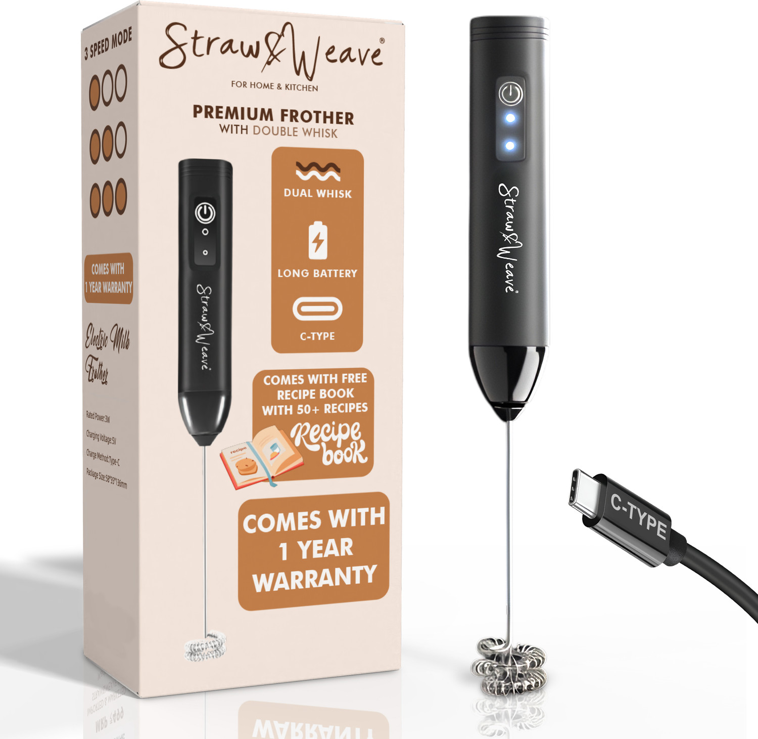 Image of Straw&Weave 50 W Black Hand Blender, Electric Whisk