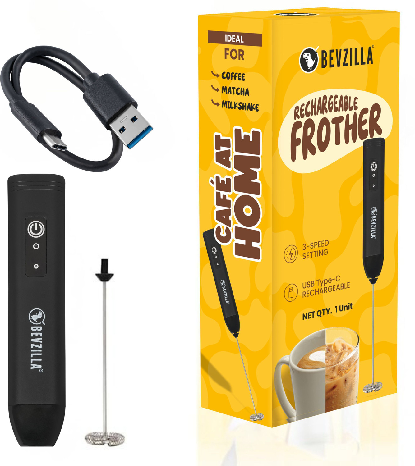 Image of Bevzilla 50 W 3-Speed Rechargeable Frother with Type-C Fast Charging | One-Touch Operation Electric Whisk, Hand Blender