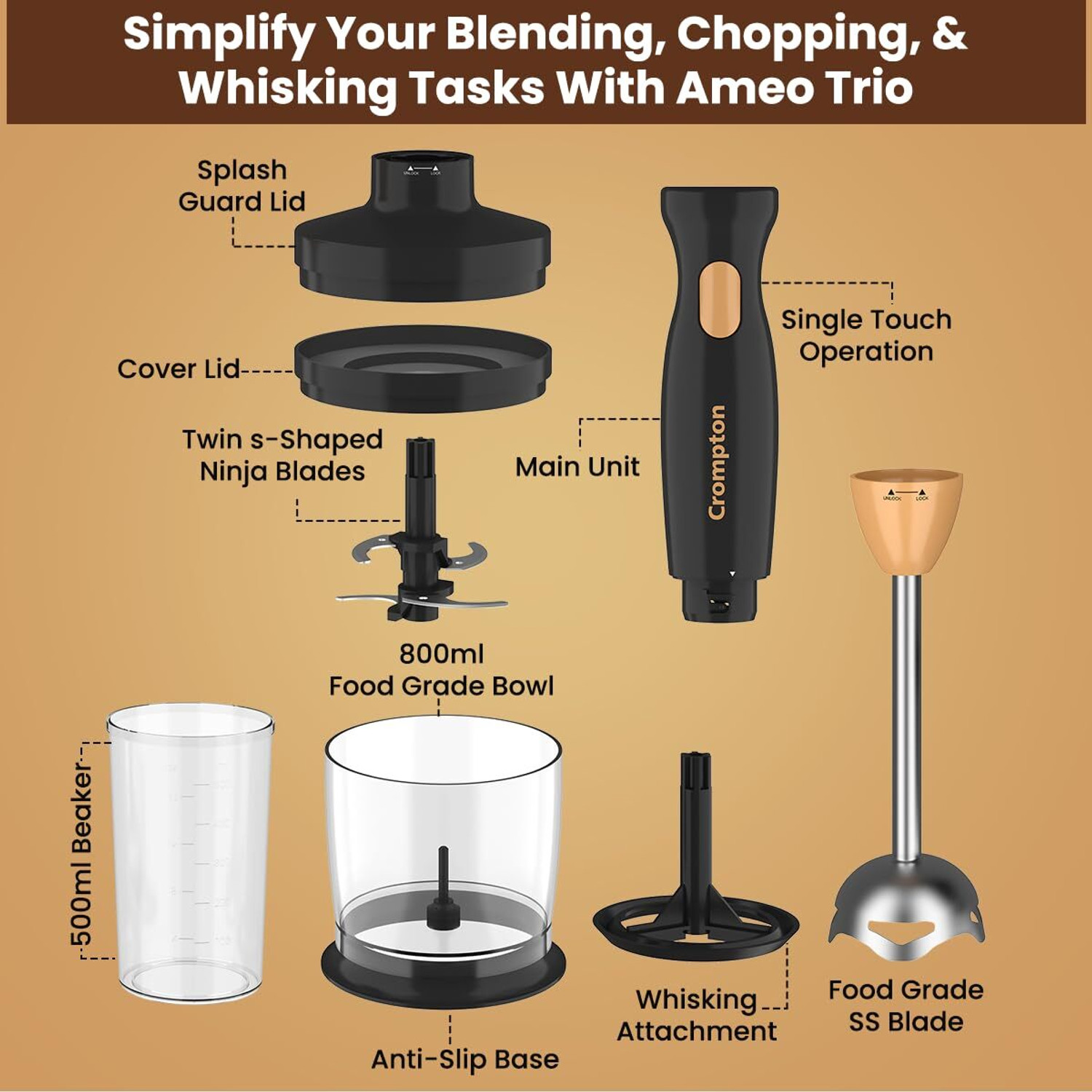 Image of Crompton 300 W BLACK & GOLD Hand Blender